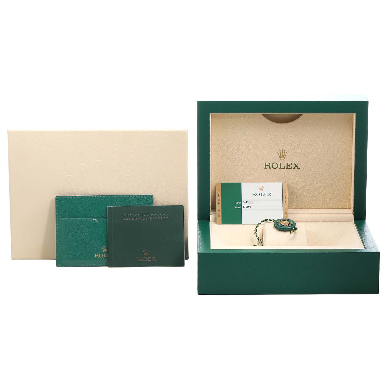 The Rolex Daytona 116508 Mens Yellow Gold Green Dial accessories shown include a green box, guarantee manual, and authenticity card viewed from the front.