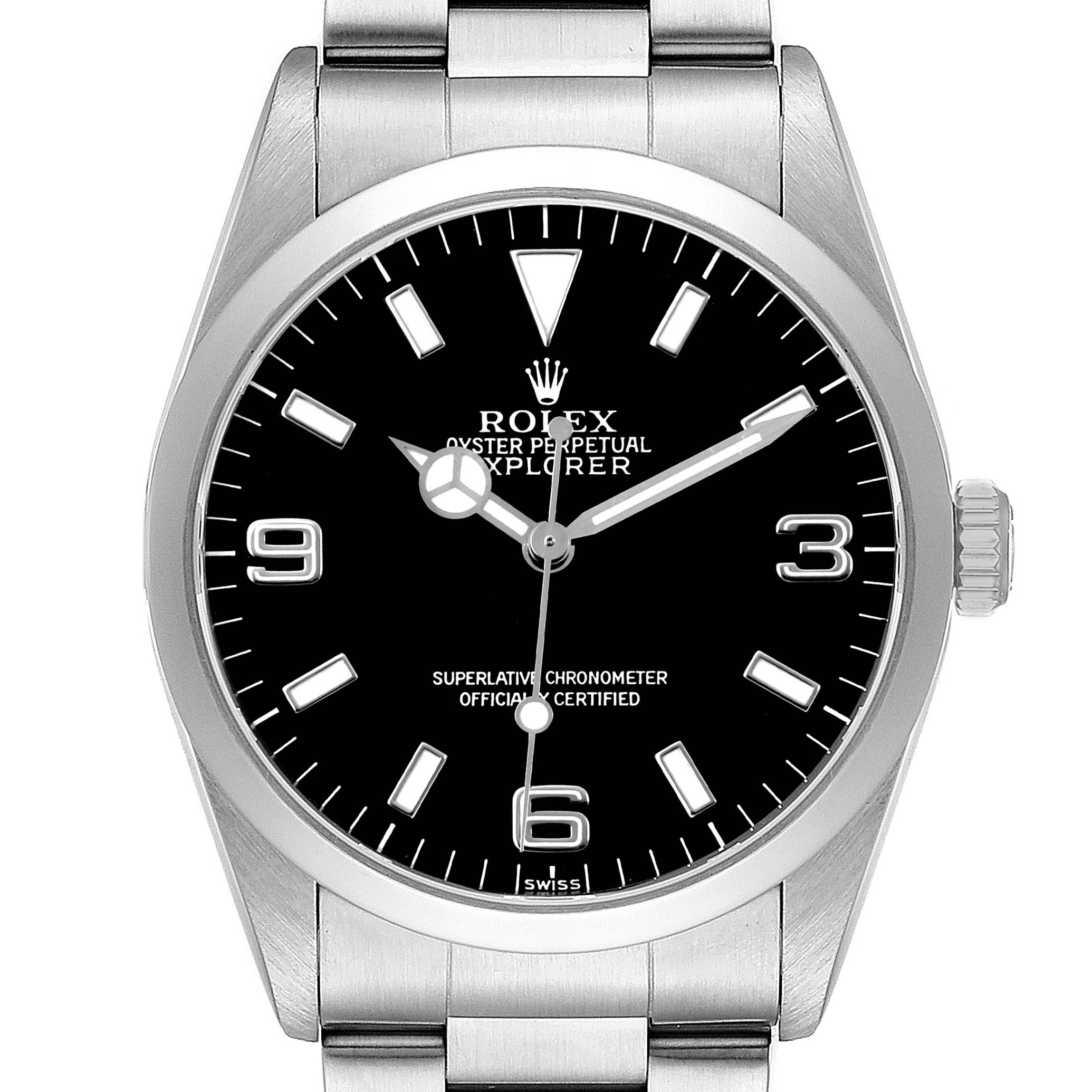 The Rolex Explorer 14270 Men's Stainless Steel Black Dial watch is shown from a top-down angle, displaying the face, bezel, crown, and bracelet.