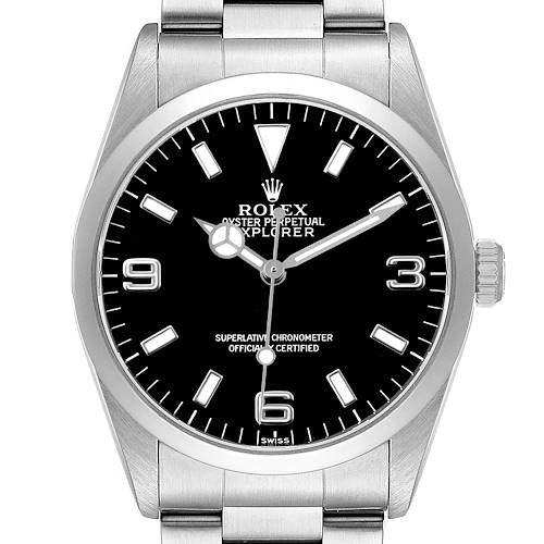 The Rolex Explorer 14270 Men's Stainless Steel Black Dial watch is shown from a top-down angle, highlighting the dial, bezel, and part of the bracelet.