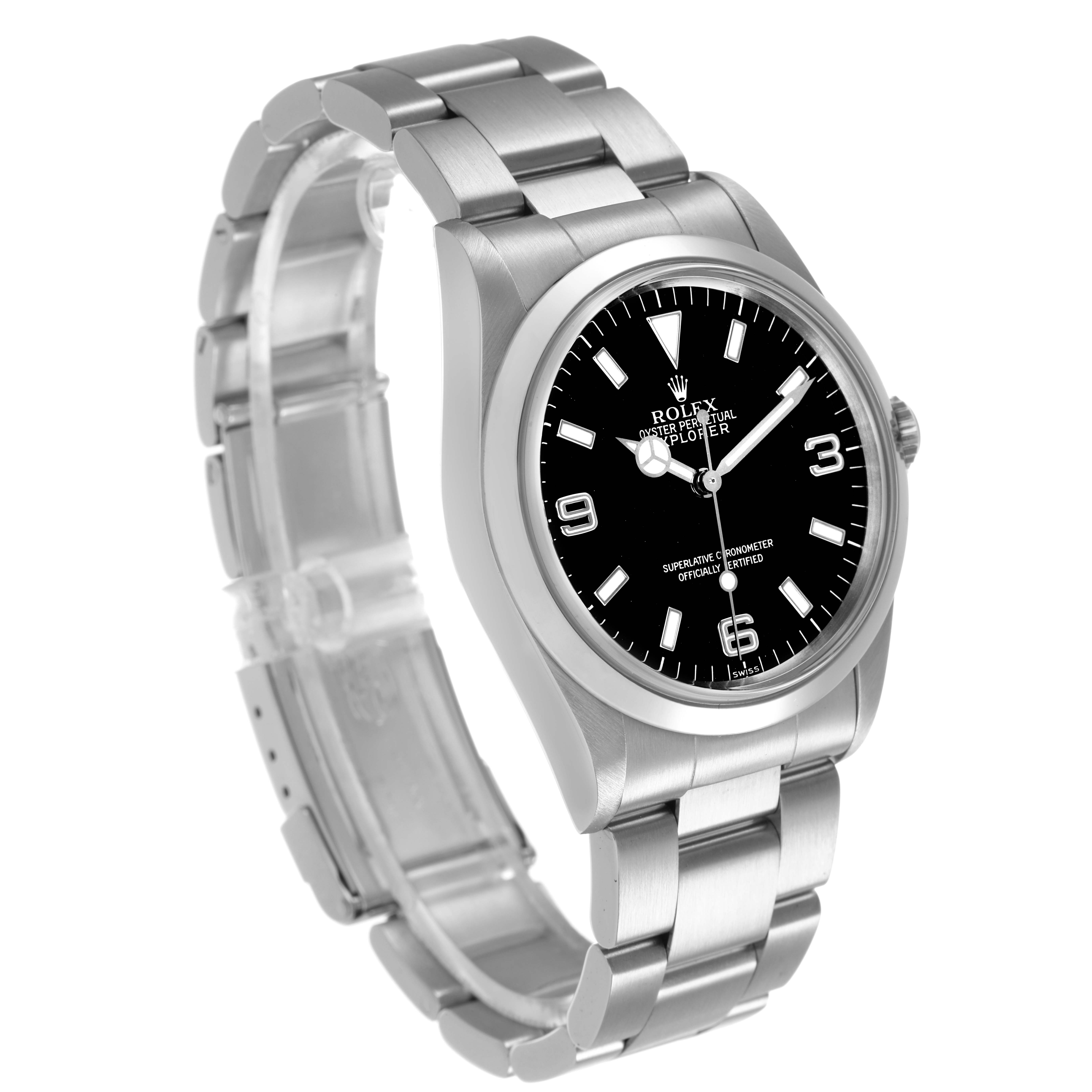 The Rolex Explorer 14270 Men's Stainless Steel Black Dial watch is shown at a slight angle, displaying its bracelet, bezel, and black dial with indices and numerals.