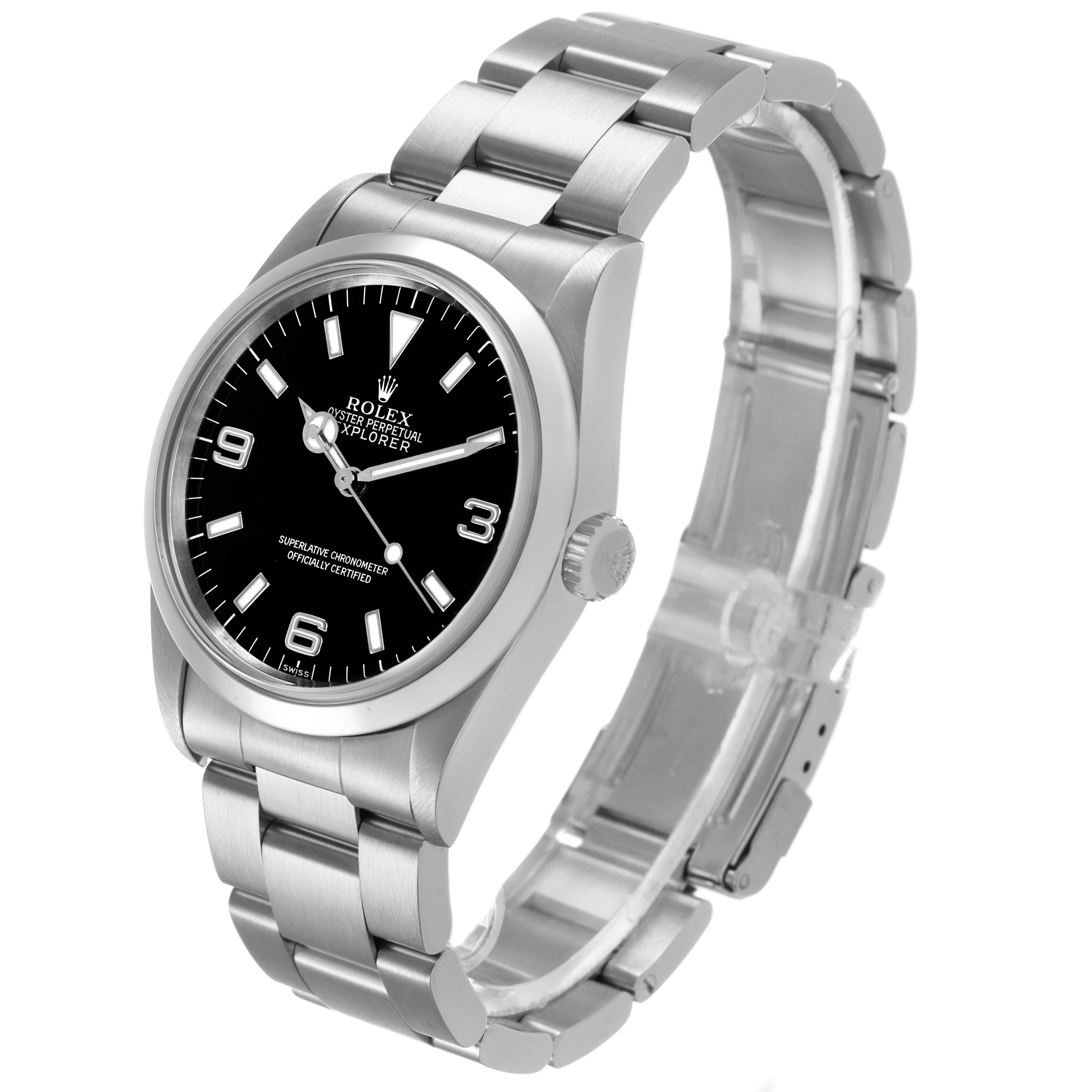 The Rolex Explorer 14270 Men's Stainless Steel Black Dial watch is shown at an angled side view, displaying the face, bracelet, and crown.