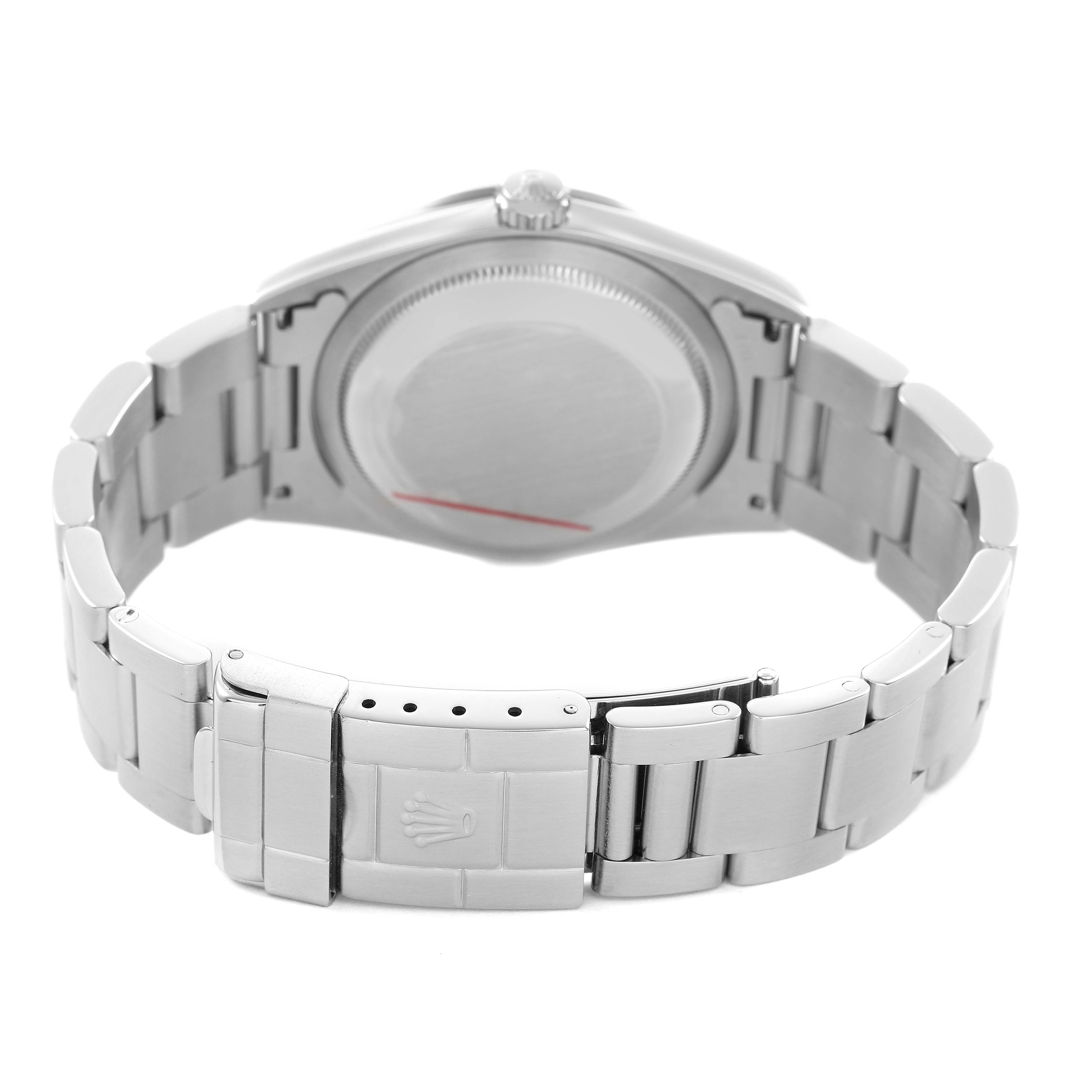 The image shows the back of a Rolex Explorer 14270 Men's Stainless Steel Black Dial watch, highlighting the bracelet, clasp, and case back.