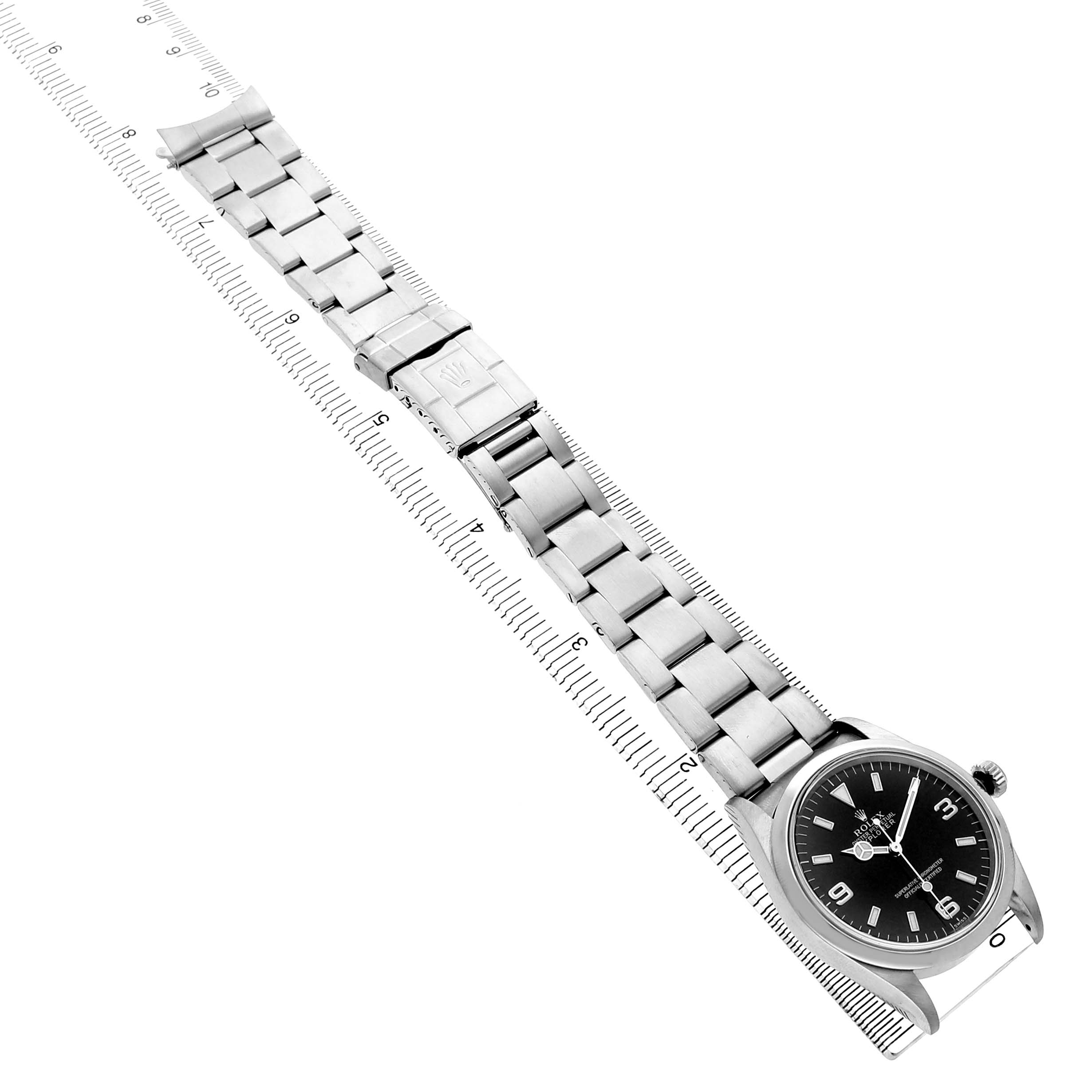 The Rolex Explorer 14270 Men's Stainless Steel Black Dial watch is shown from a top-down angle, highlighting its bracelet, clasp, and black dial.