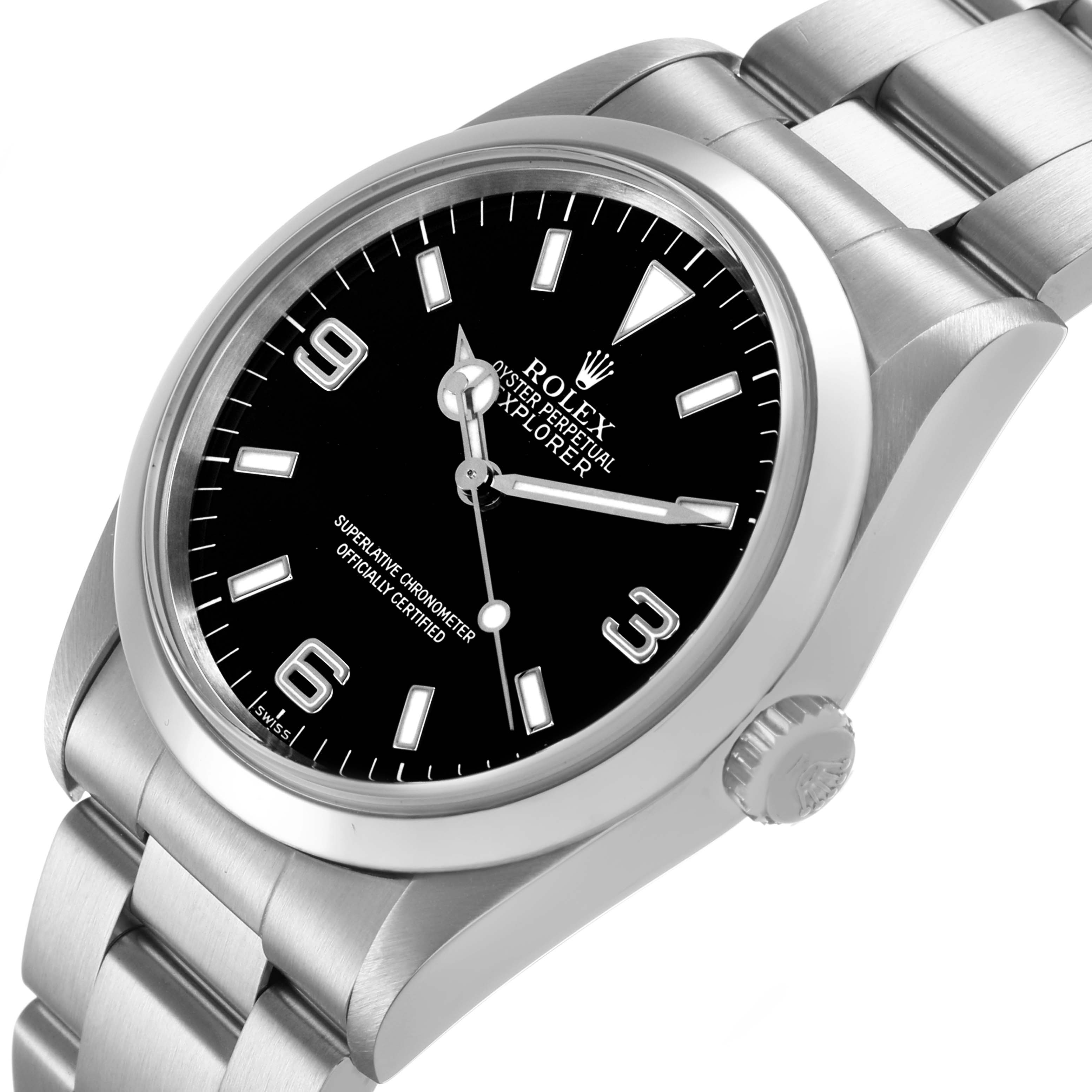 The Rolex Explorer 14270 Men's Stainless Steel Black Dial watch is shown at a three-quarter angle, highlighting its black dial and stainless steel bracelet.