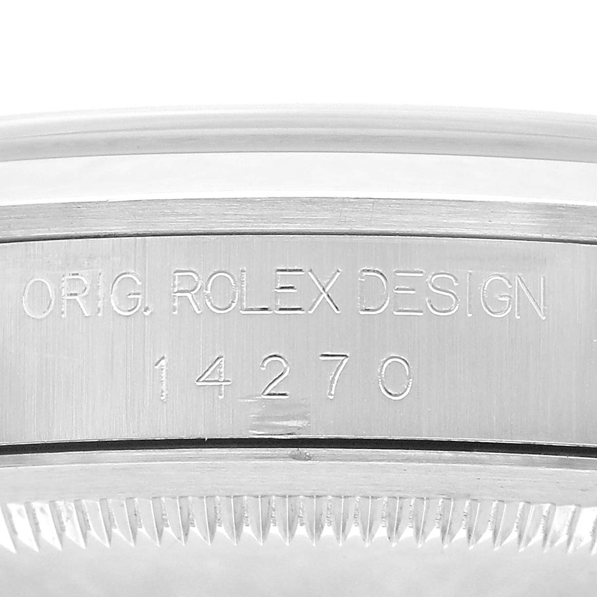 The image shows the side engraving on the case of a Rolex Explorer 14270 Men's Stainless Steel Black Dial, model number 14270.