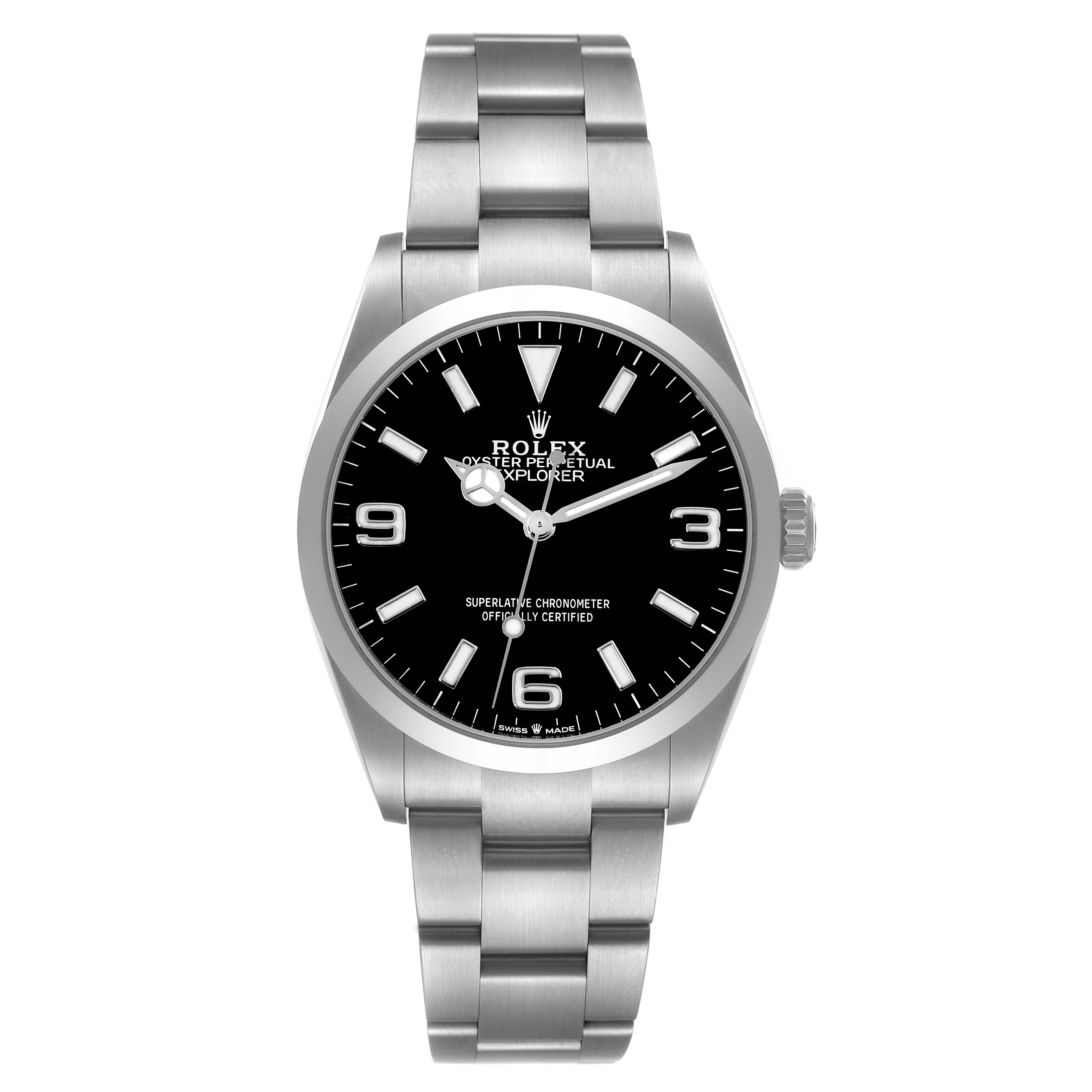 The image shows a front view of the Rolex Explorer 124270 Men
s Stainless Steel Black Dial 124270 Men
s Stainless Steel Black Dial watch, displaying the dial, hands, bezel, crown, and bracelet.
