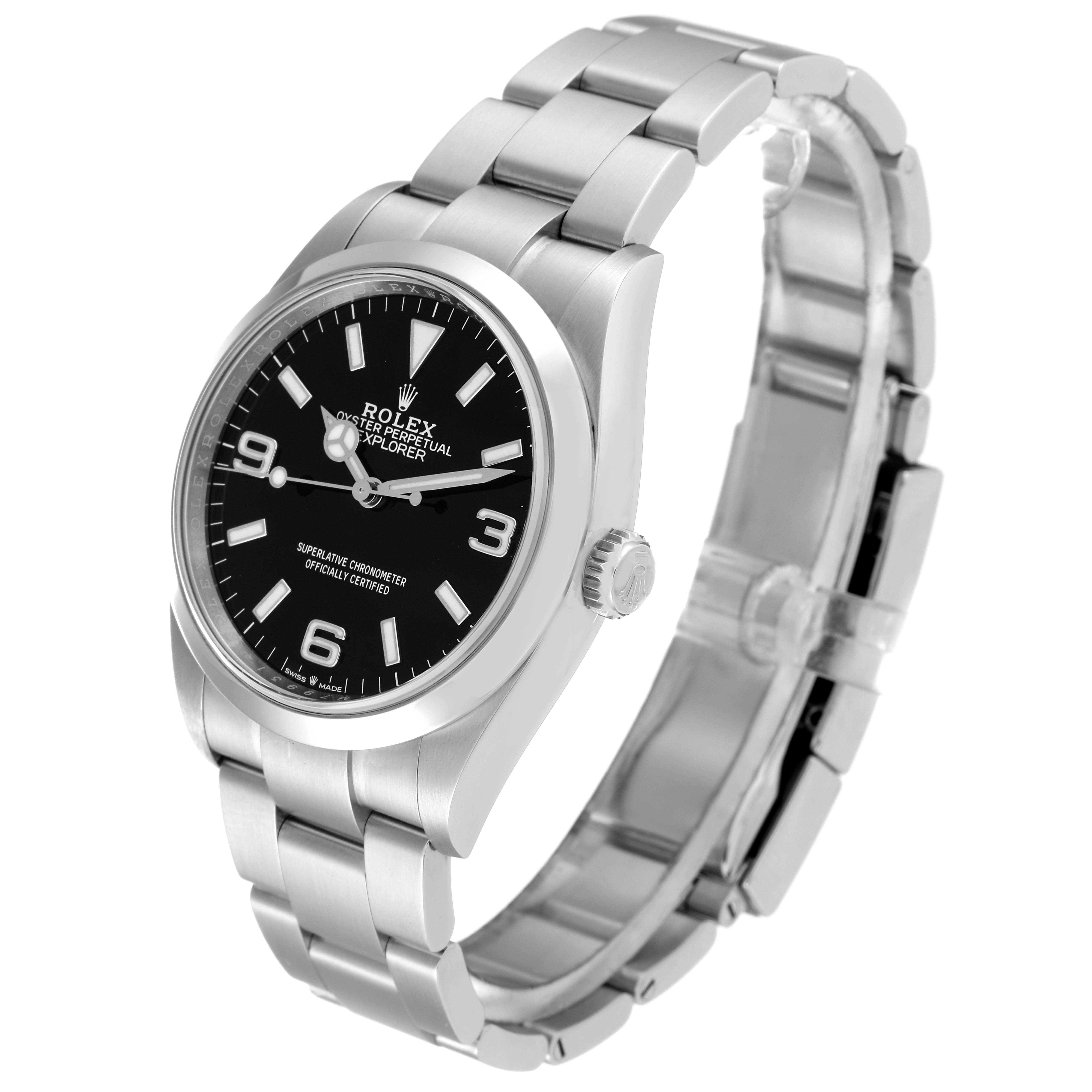 The Rolex Explorer 124270 Men
s Stainless Steel Black Dial 124270 Men
s Stainless Steel Black Dial watch is shown at a three-quarter angle, displaying the face, bezel, case, and bracelet.