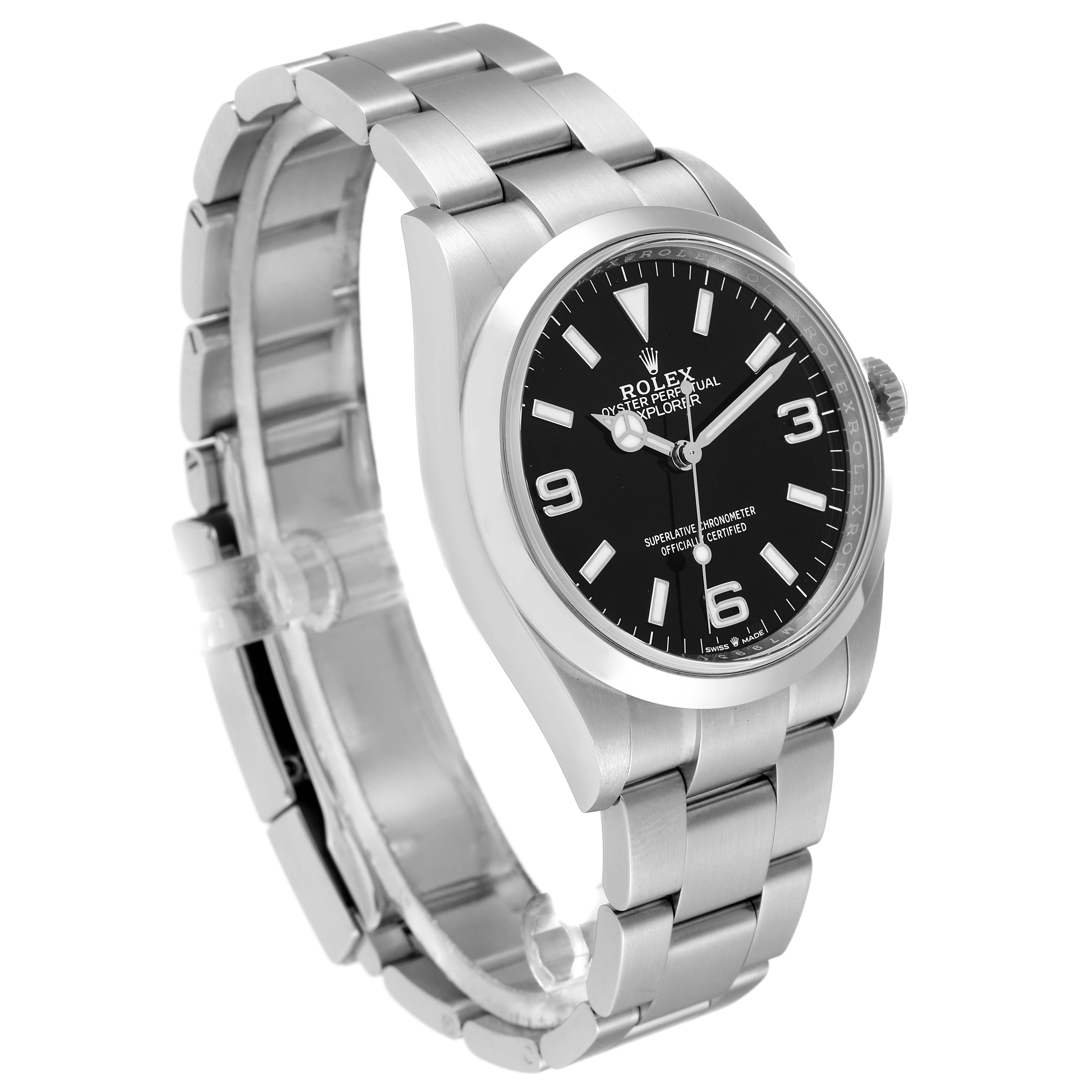 The Rolex Explorer 124270 Men
s Stainless Steel Black Dial 124270 Men
s Stainless Steel Black Dial model is shown from an angled side view, displaying the watch face, bezel, crown, and stainless steel bracelet.