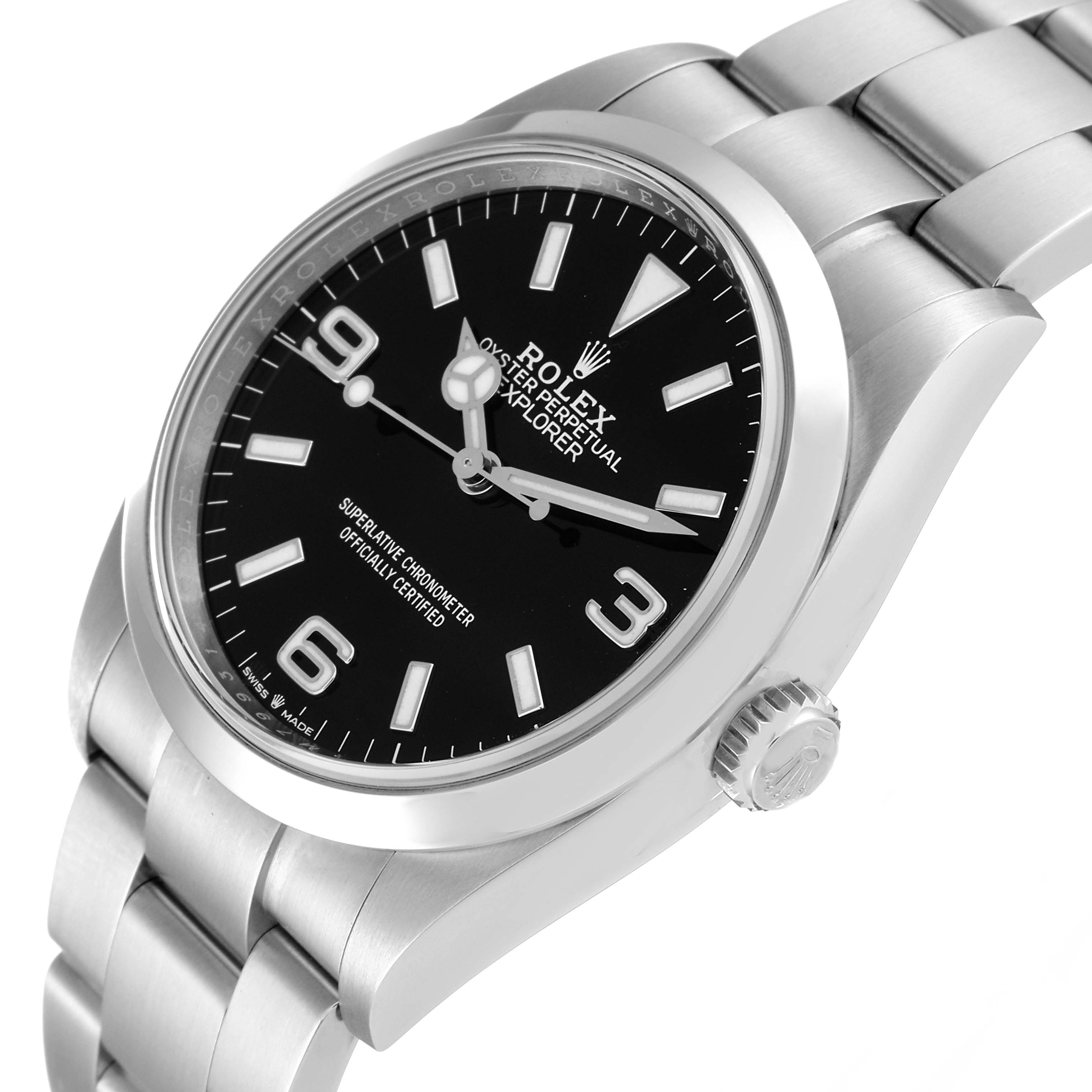 This image shows a side angle of the Rolex Explorer 124270 Men
s Stainless Steel Black Dial 124270 Men
s Stainless Steel Black Dial watch, highlighting its face, crown, and stainless steel bracelet.