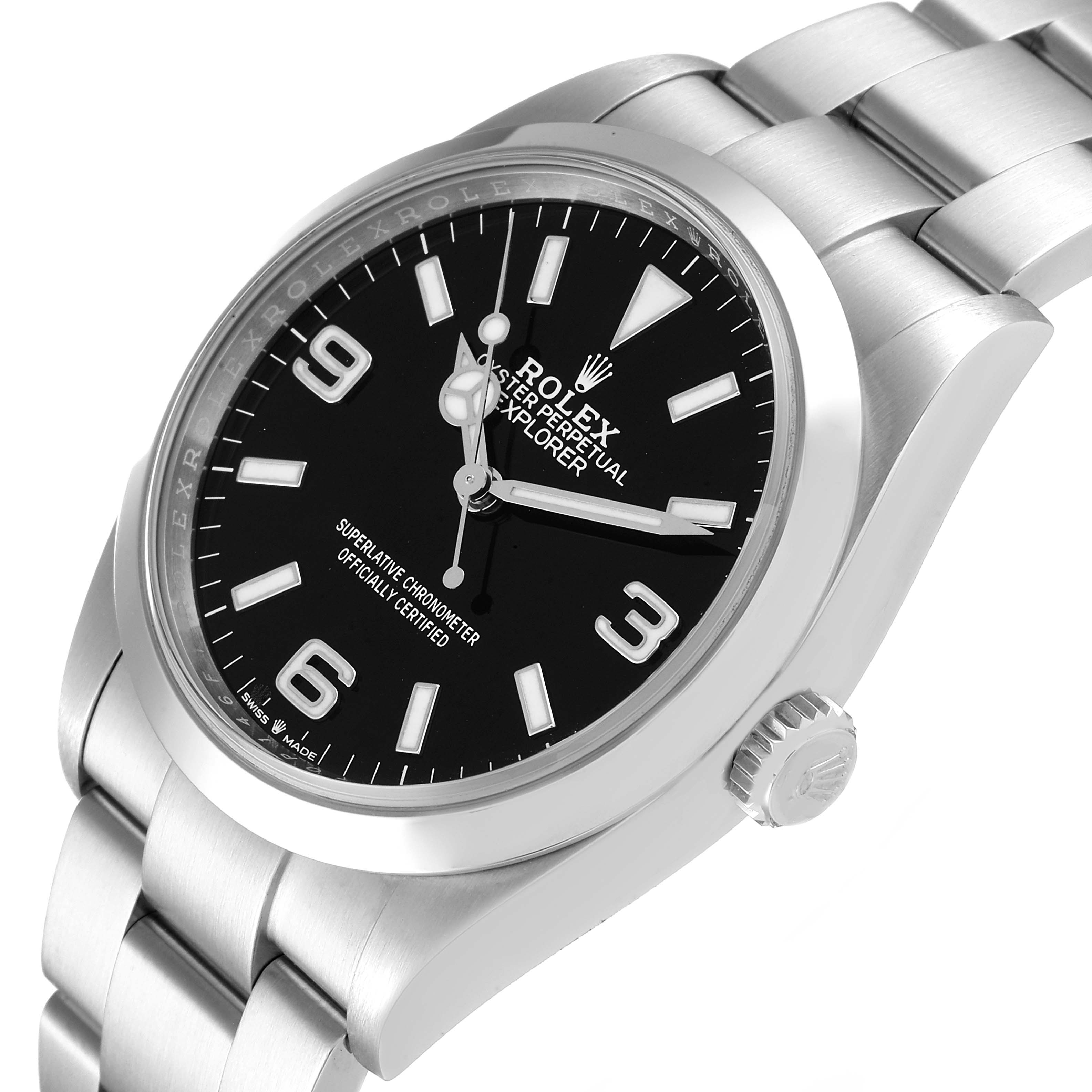 The image shows a Rolex Explorer 124270 Men's Stainless Steel Black Dial 124270 Men's Stainless Steel Black Dial watch at a slight angle, highlighting the face, dial, and part of the bracelet.