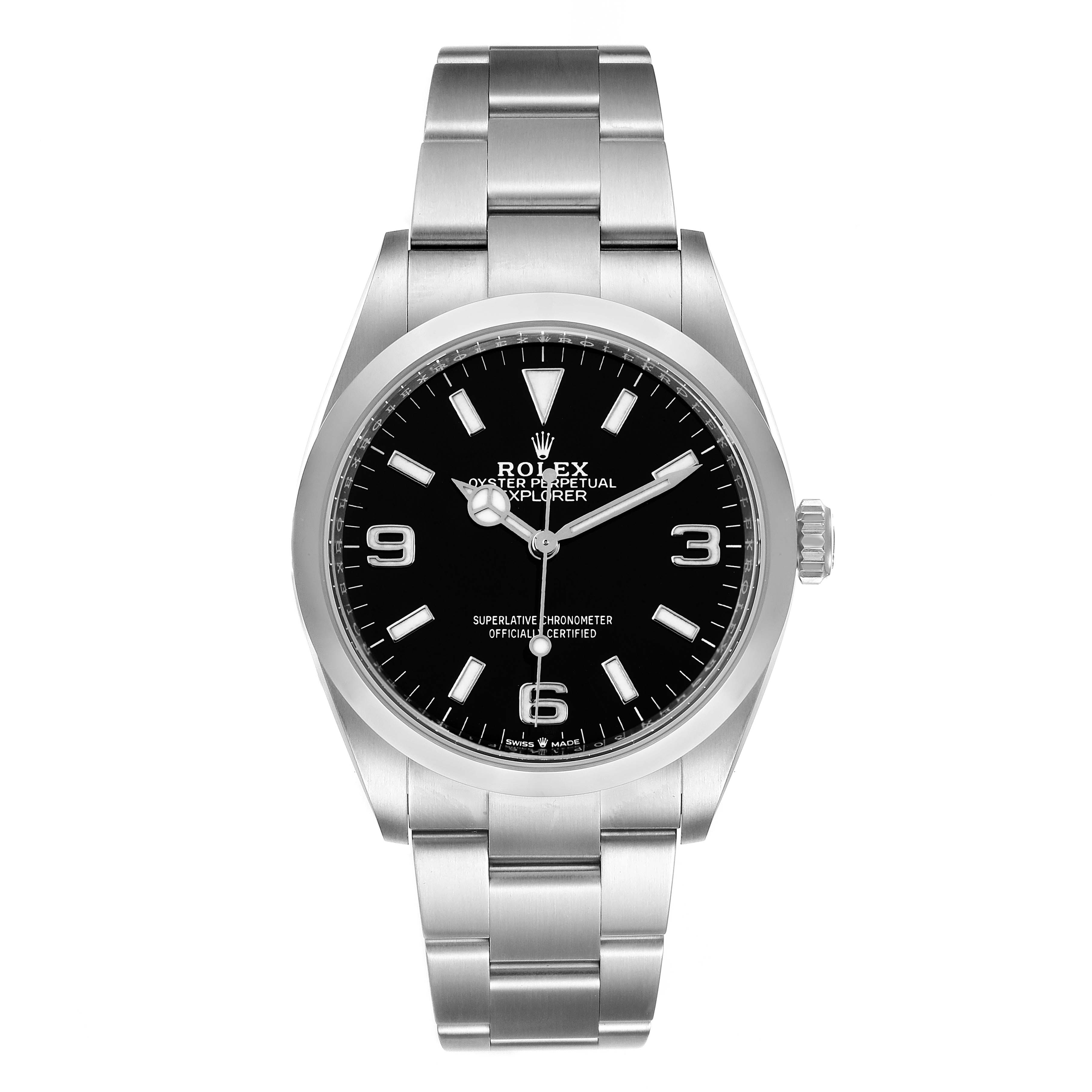A Rolex Explorer 124270 Men's Stainless Steel Black Dial 124270 Men's Stainless Steel Black Dial watch showing the full front view, including the dial, hands, case, crown, and stainless steel bracelet.