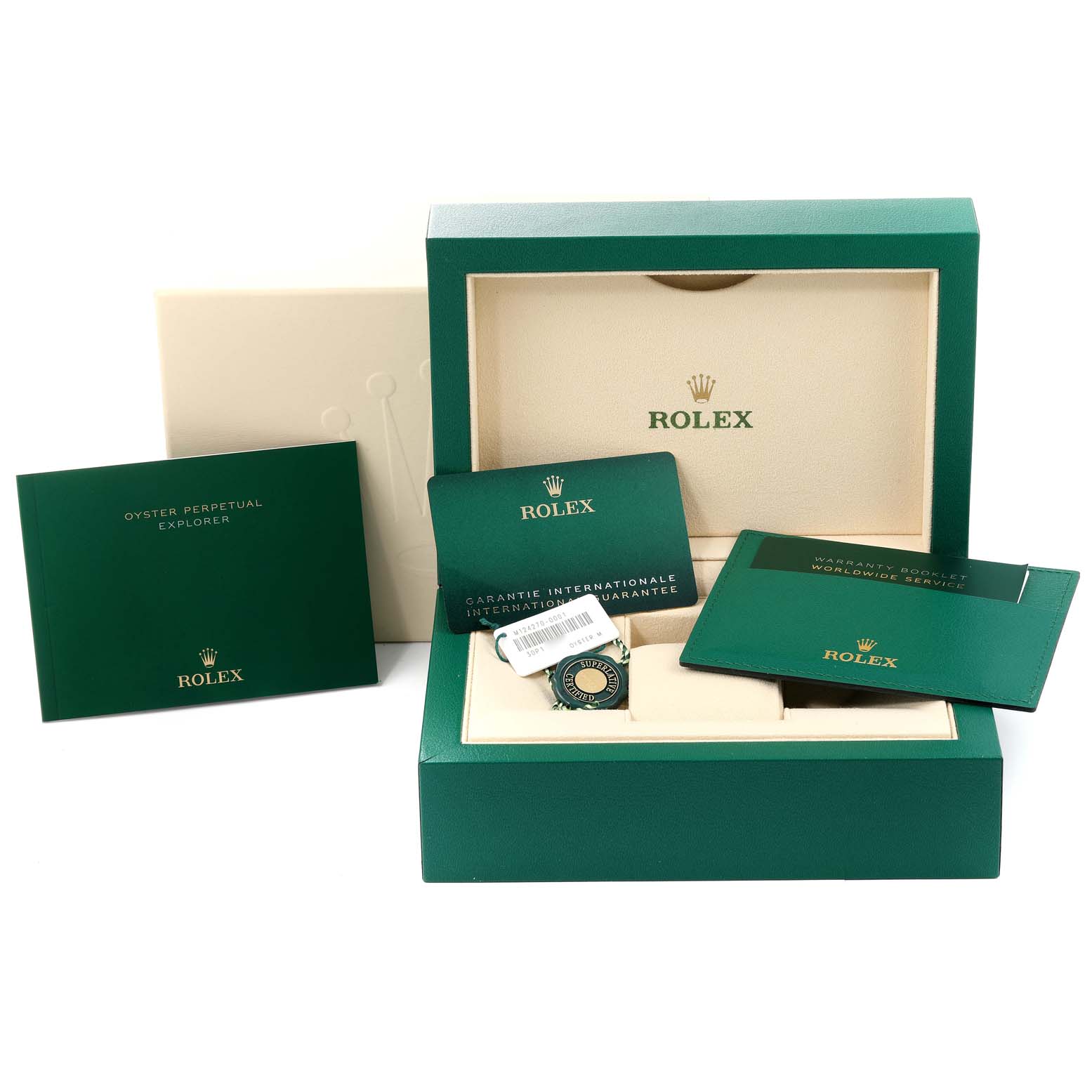 The image shows the packaging, manuals, and warranty card for a Rolex Explorer 124270 Men's Stainless Steel Black Dial 124270 Men's Stainless Steel Black Dial watch.