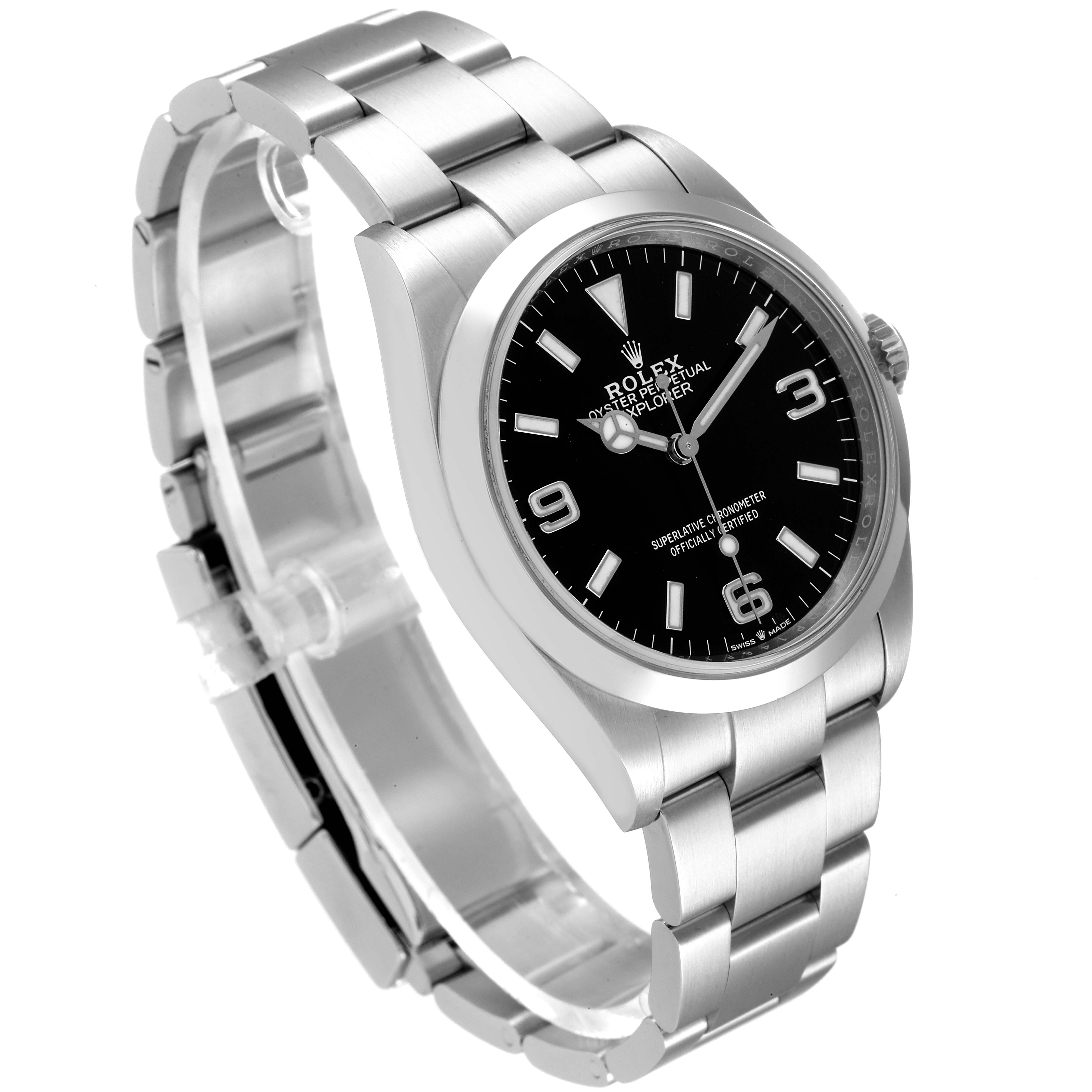 The Rolex Explorer 124270 Men's Stainless Steel Black Dial 124270 Men's Stainless Steel Black Dial watch is shown at a three-quarter angle displaying the bezel, dial, crown, and bracelet.