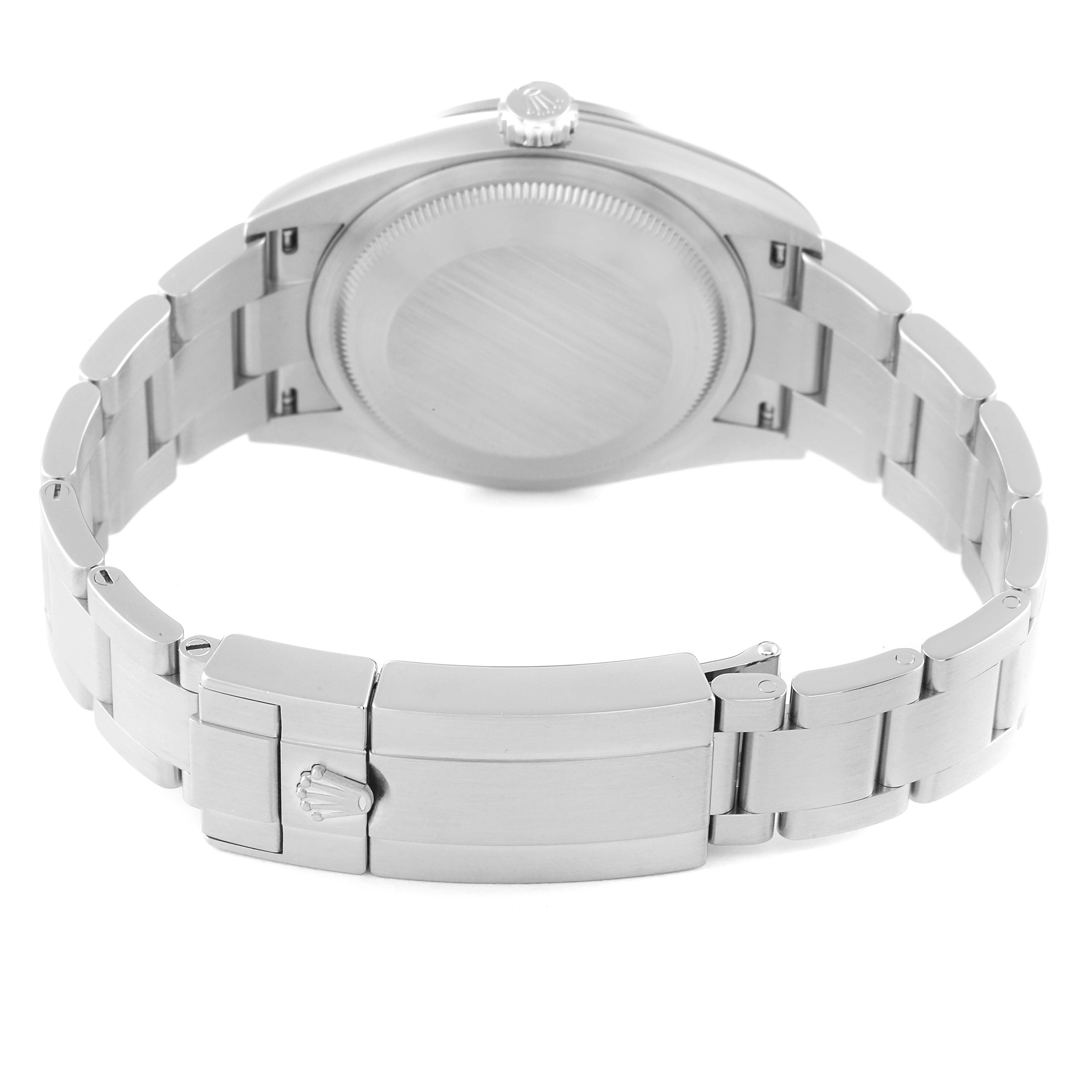 The image shows the back and clasp of a Rolex Explorer 124270 Men's Stainless Steel Black Dial 124270 Men's Stainless Steel Black Dial watch, highlighting its bracelet and case back at an angled view.