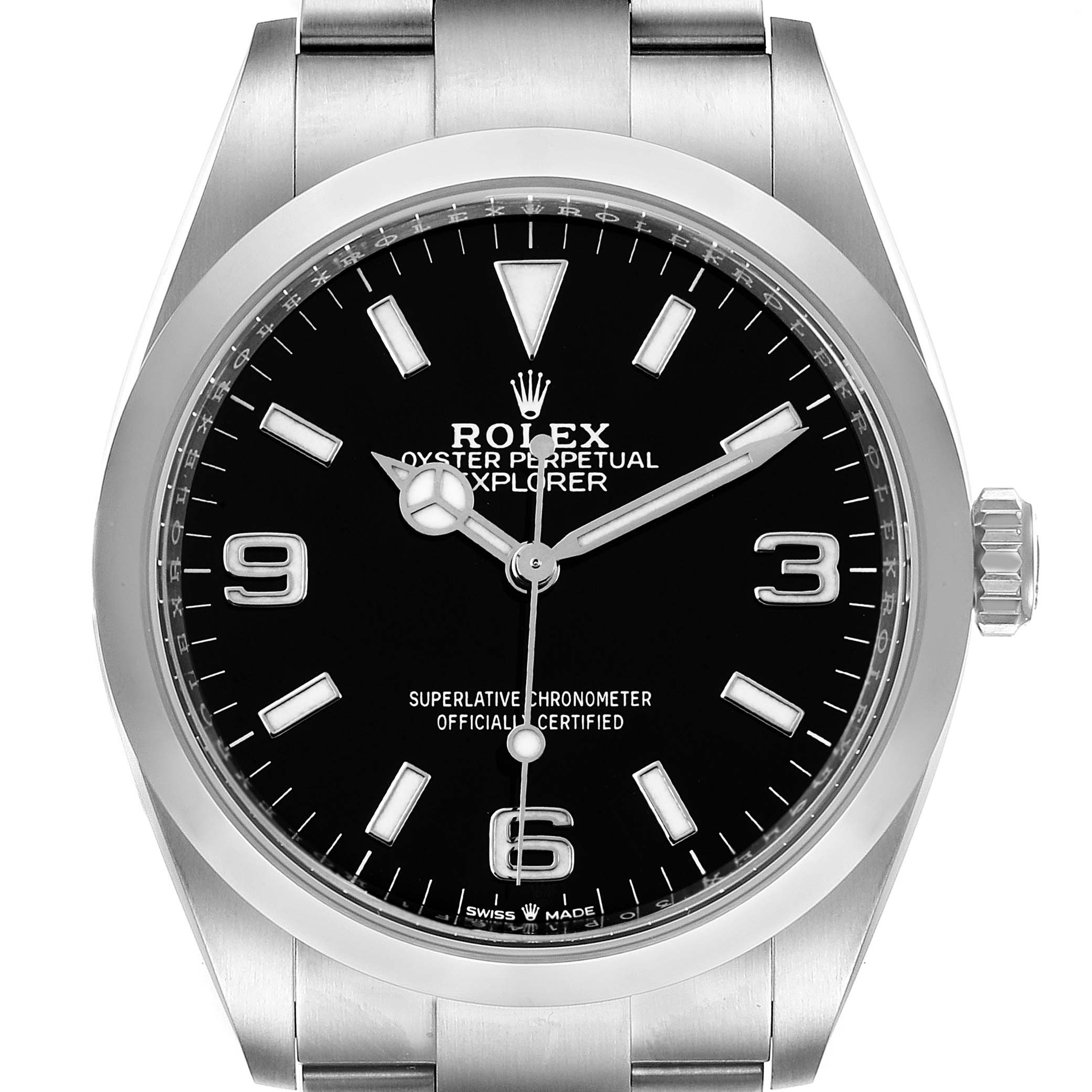 The image shows a front view of the Rolex Explorer 124270 Men's Stainless Steel Black Dial 124270 Men's Stainless Steel Black Dial watch, highlighting its face, dial, and part of the bracelet.