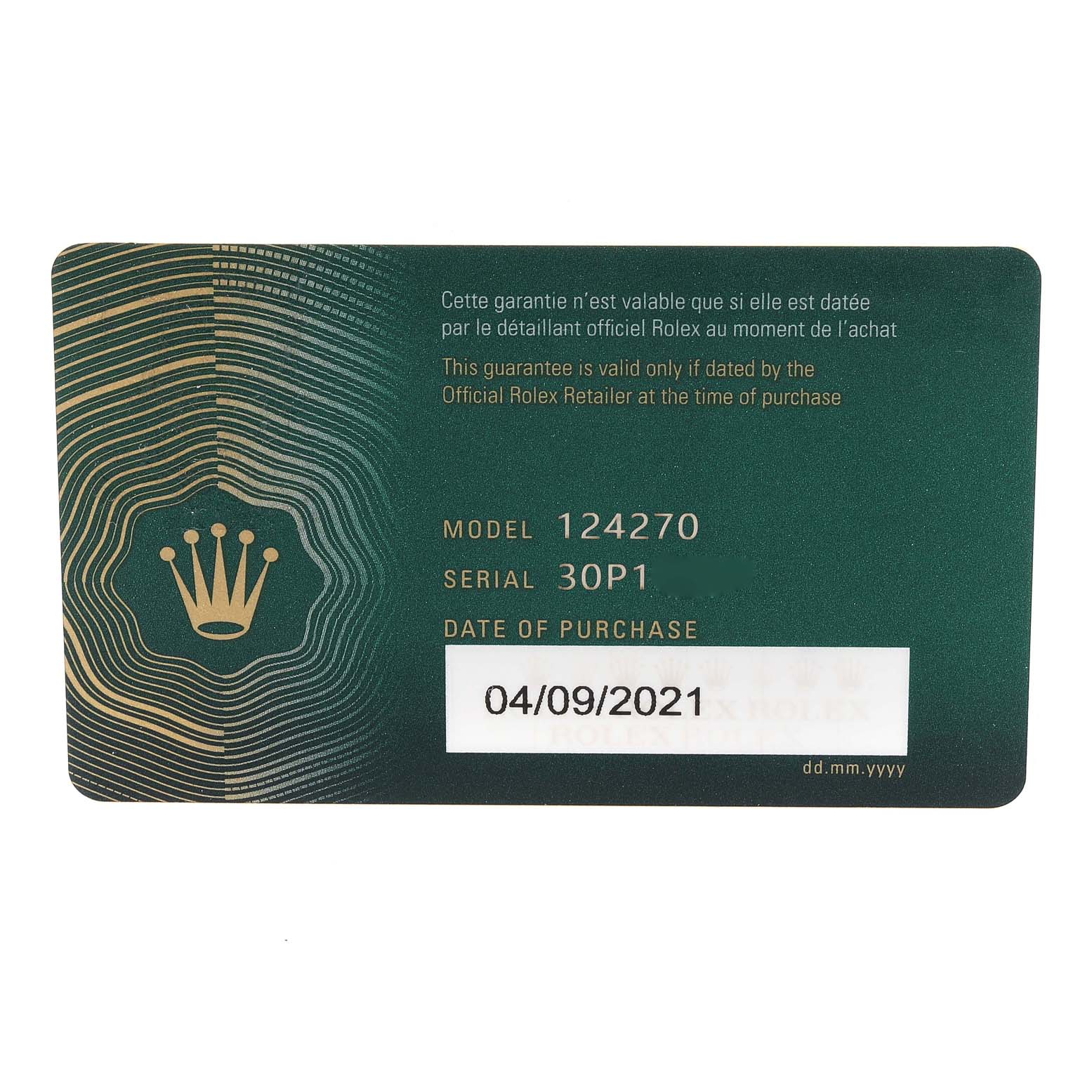 The image shows a guarantee card for the Rolex Explorer 124270 Men's Stainless Steel Black Dial 124270 Men's Stainless Steel Black Dial model 124270, including the serial number and date of purchase.