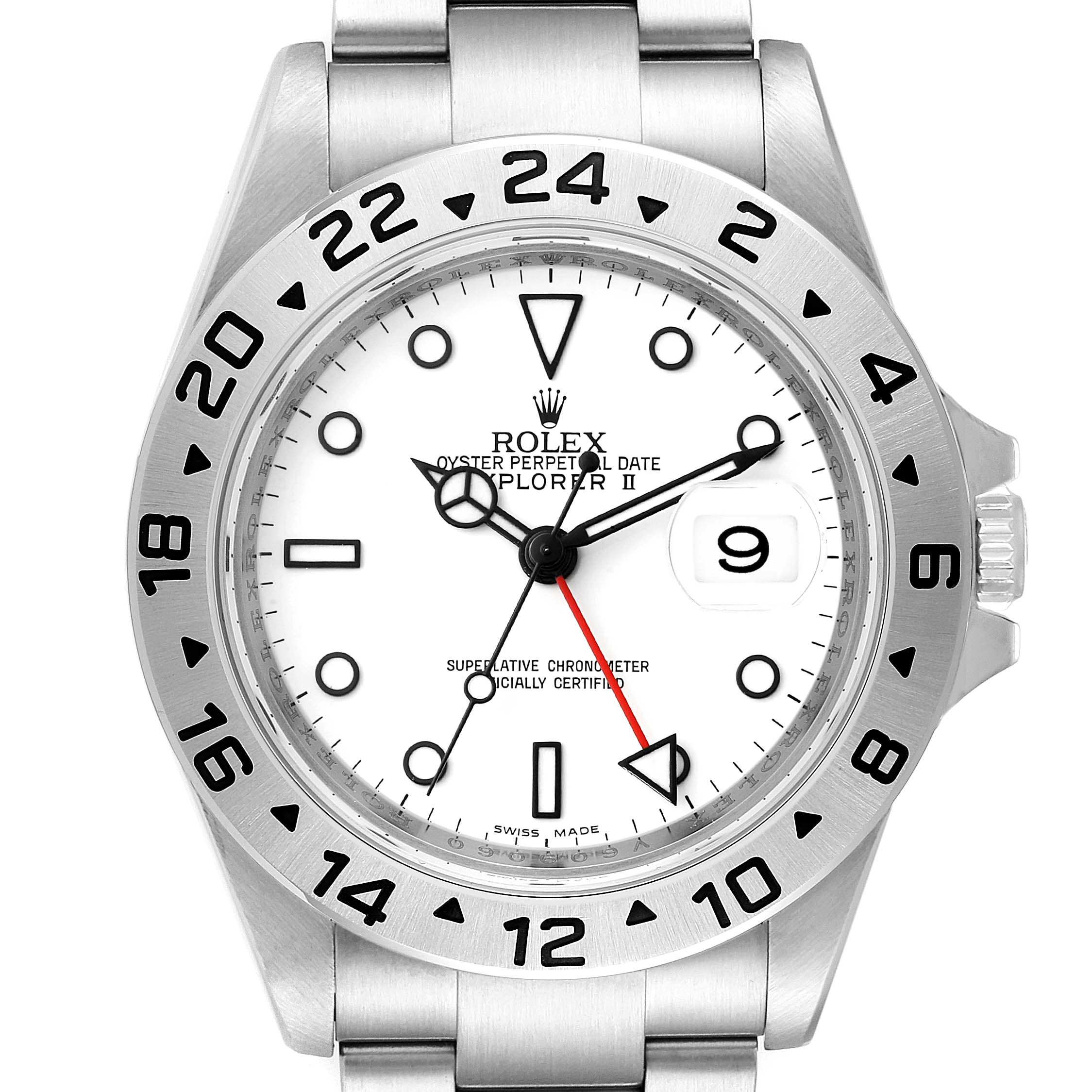 The image shows a front view of the Rolex Explorer 16570 Men's Stainless Steel White Dial 16570 Men's Stainless Steel White Dial watch, highlighting its dial, bezel, and bracelet.