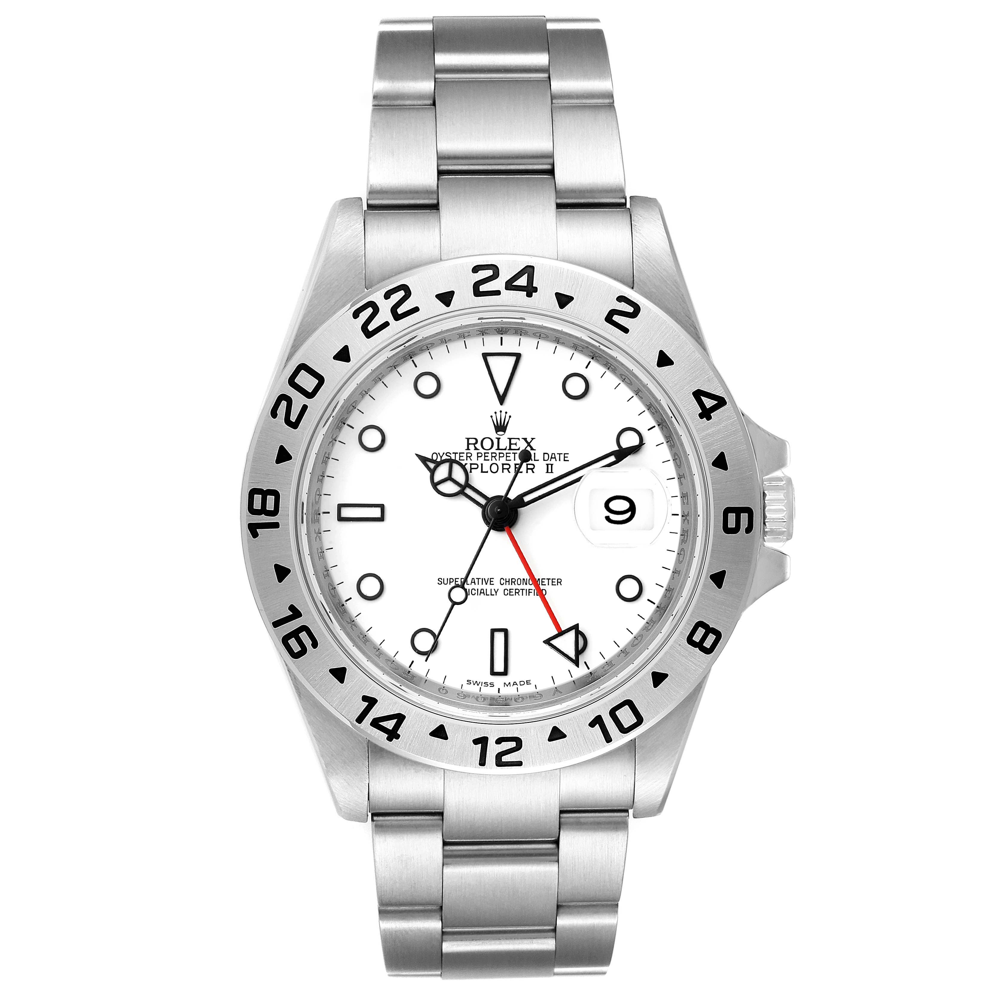 The image shows a frontal view of a Rolex Explorer 16570 Men's Stainless Steel White Dial 16570 Men's Stainless Steel White Dial watch, highlighting the dial, bezel, and bracelet.