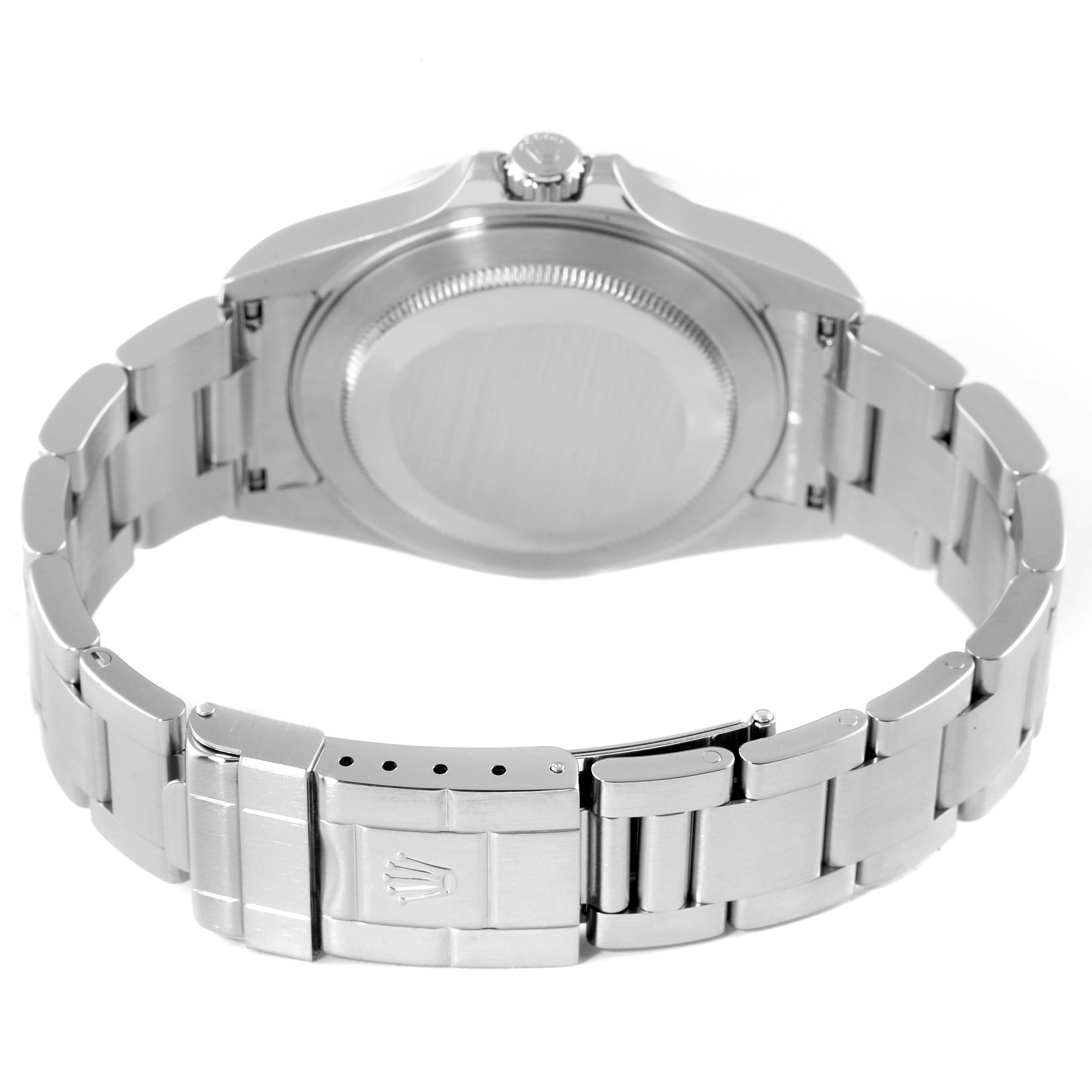 This image shows the back and bracelet of a Rolex Explorer 16570 Men's Stainless Steel White Dial 16570 Men's Stainless Steel White Dial watch, including the clasp and case back.