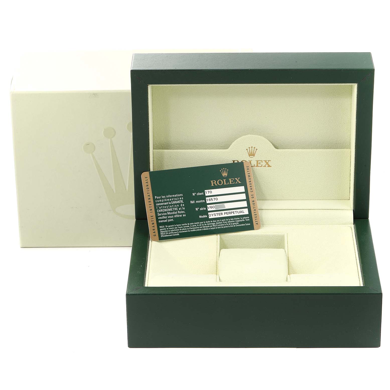 The image shows the packaging and authenticity card for a Rolex Explorer 16570 Men's Stainless Steel White Dial 16570 Men's Stainless Steel White Dial model watch.