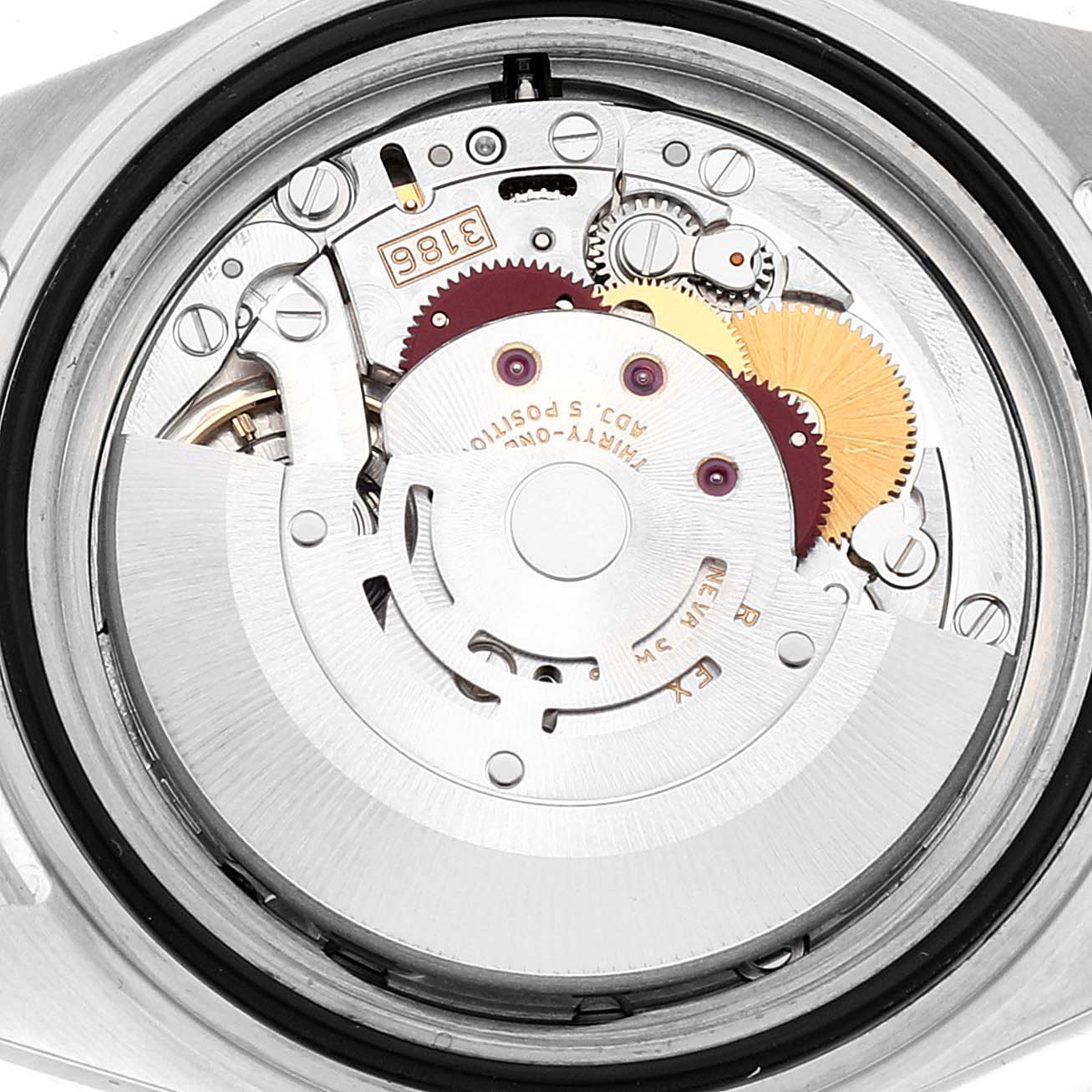 The image shows the internal mechanism of a Rolex Explorer 16570 Men's Stainless Steel White Dial 16570 Men's Stainless Steel White Dial watch, highlighting the rotor and gears from a rear angle.