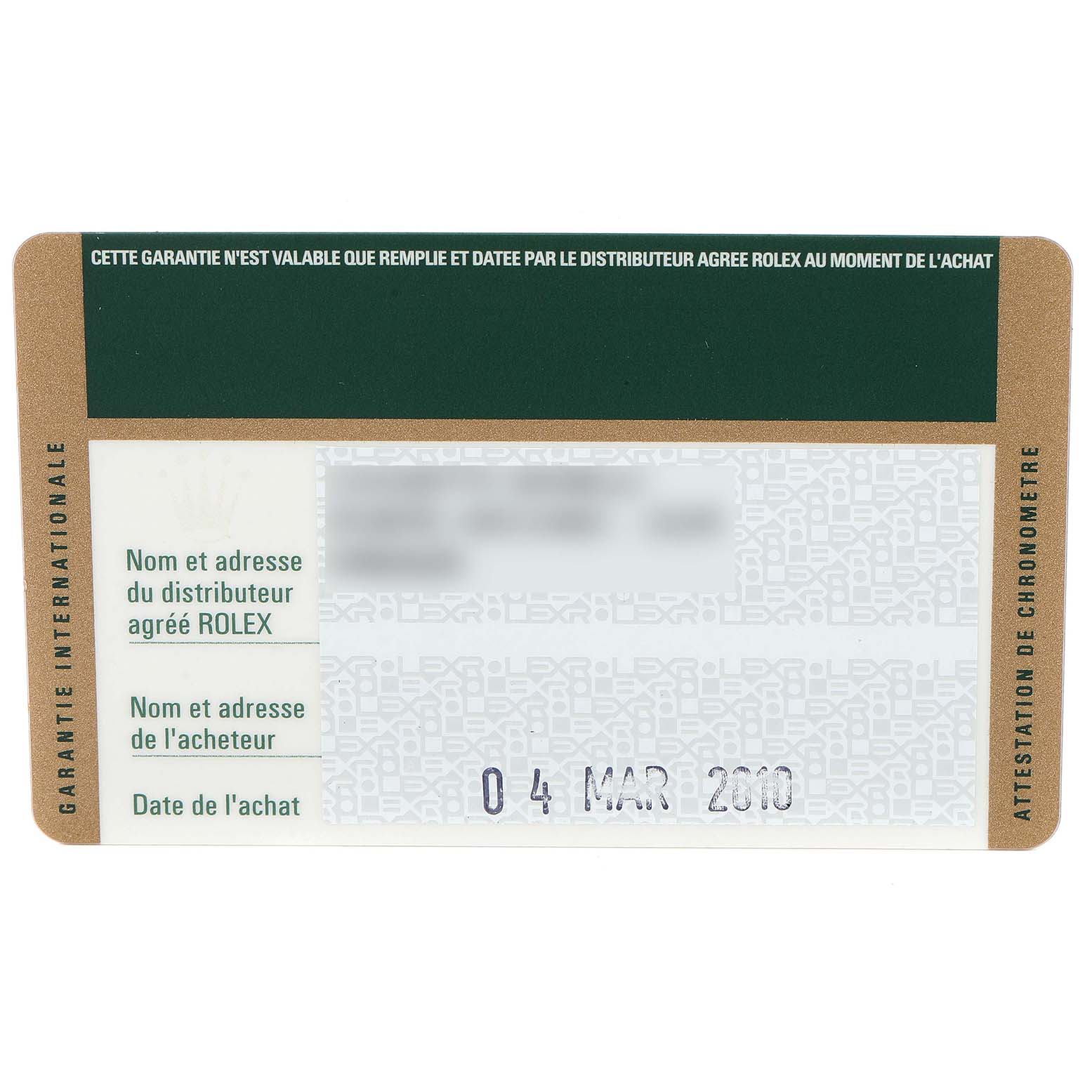 This image shows the warranty card for the Rolex Explorer 16570 Men's Stainless Steel White Dial 16570 Men's Stainless Steel White Dial watch, featuring date of purchase and distributor information.