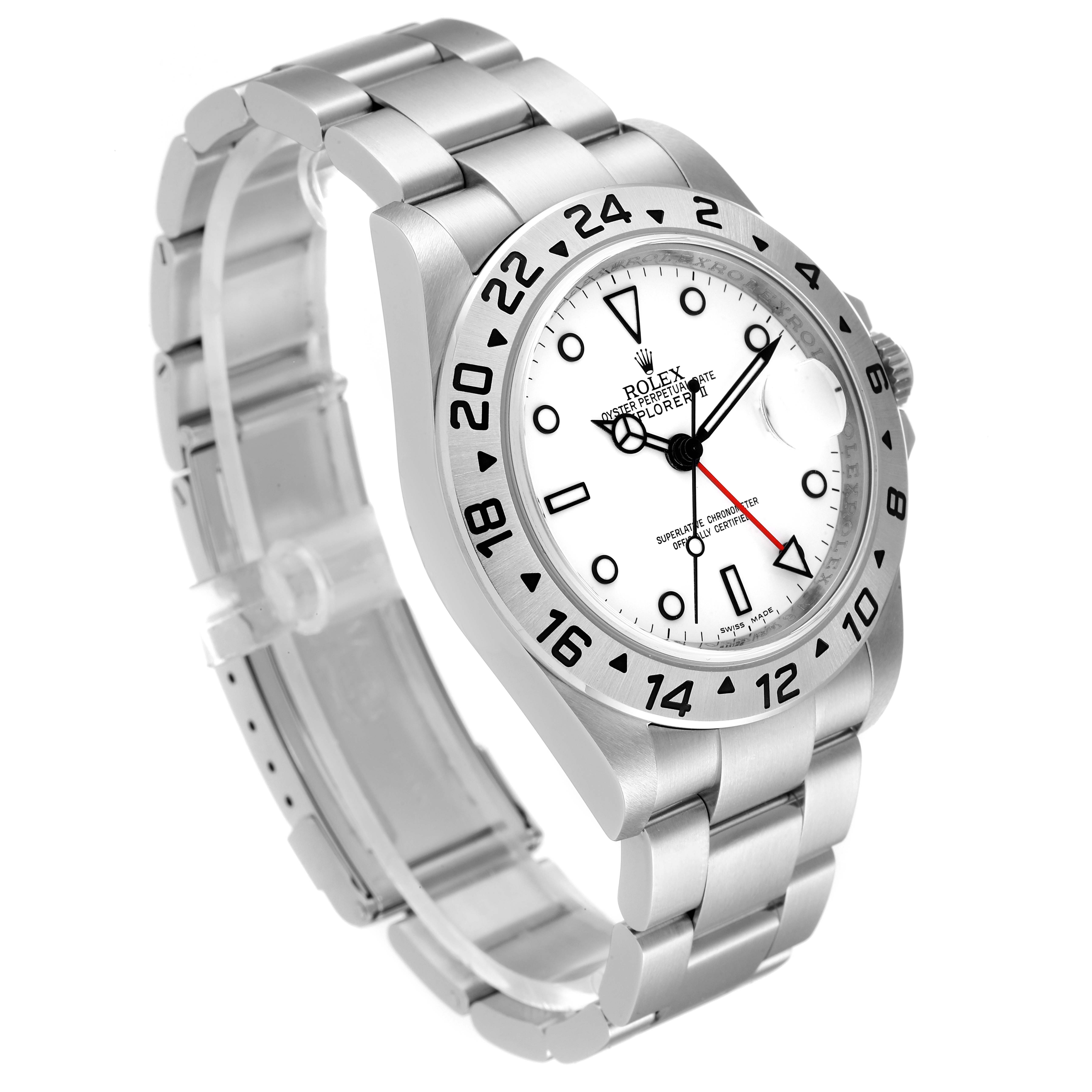The Rolex Explorer 16570 Men's Stainless Steel White Dial 16570 Men's Stainless Steel White Dial watch is shown at a slight angle, revealing the face, hour markers, bezel, and part of the bracelet.