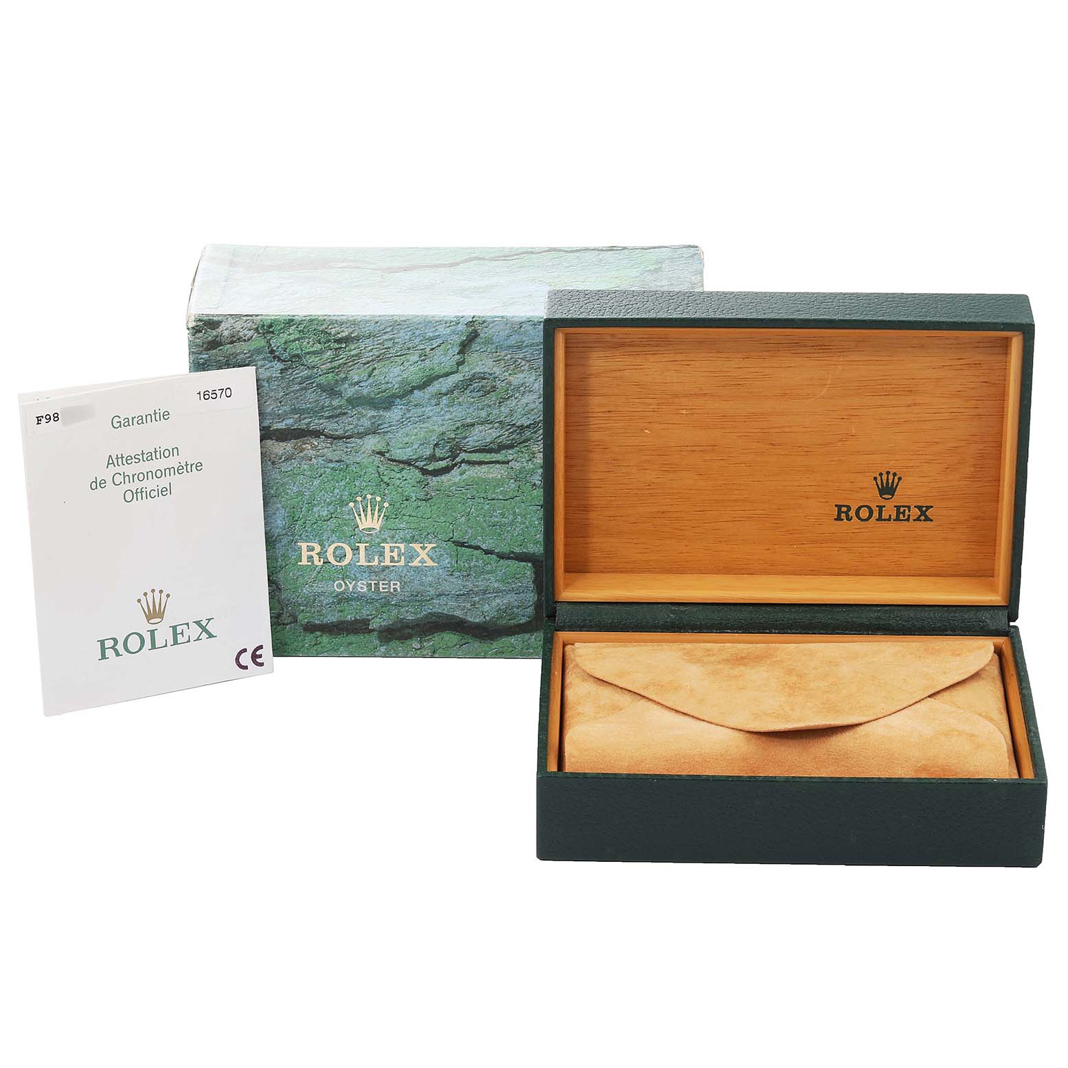 The image shows an empty Rolex Explorer 16570 Men's Stainless Steel White Dial 16570 Men's Stainless Steel White Dial watch box, including the outer green box, inner wooden box, and warranty booklet.