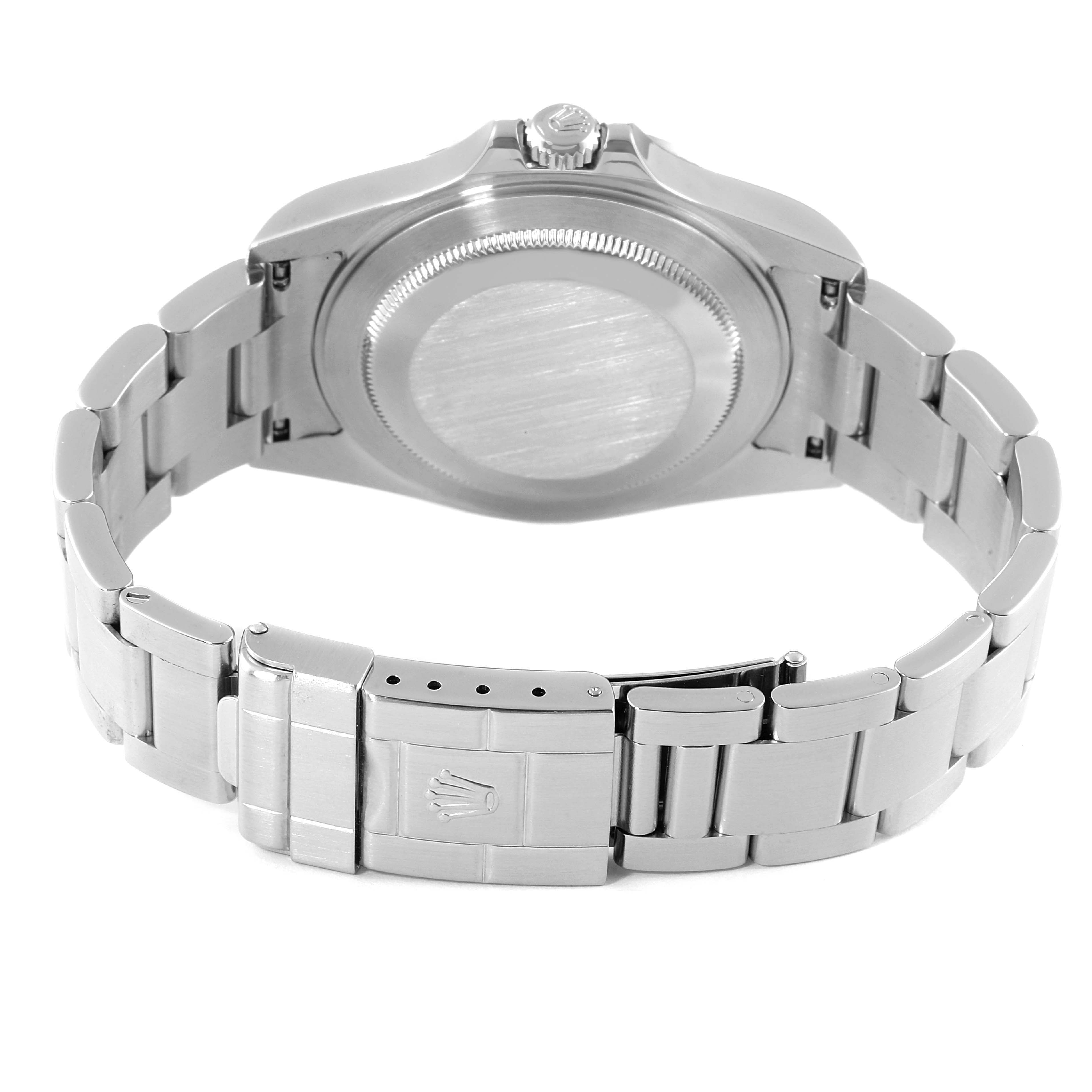 The image shows the back case and bracelet clasp of a Rolex Explorer 16570 Men's Stainless Steel White Dial 16570 Men's Stainless Steel White Dial watch.