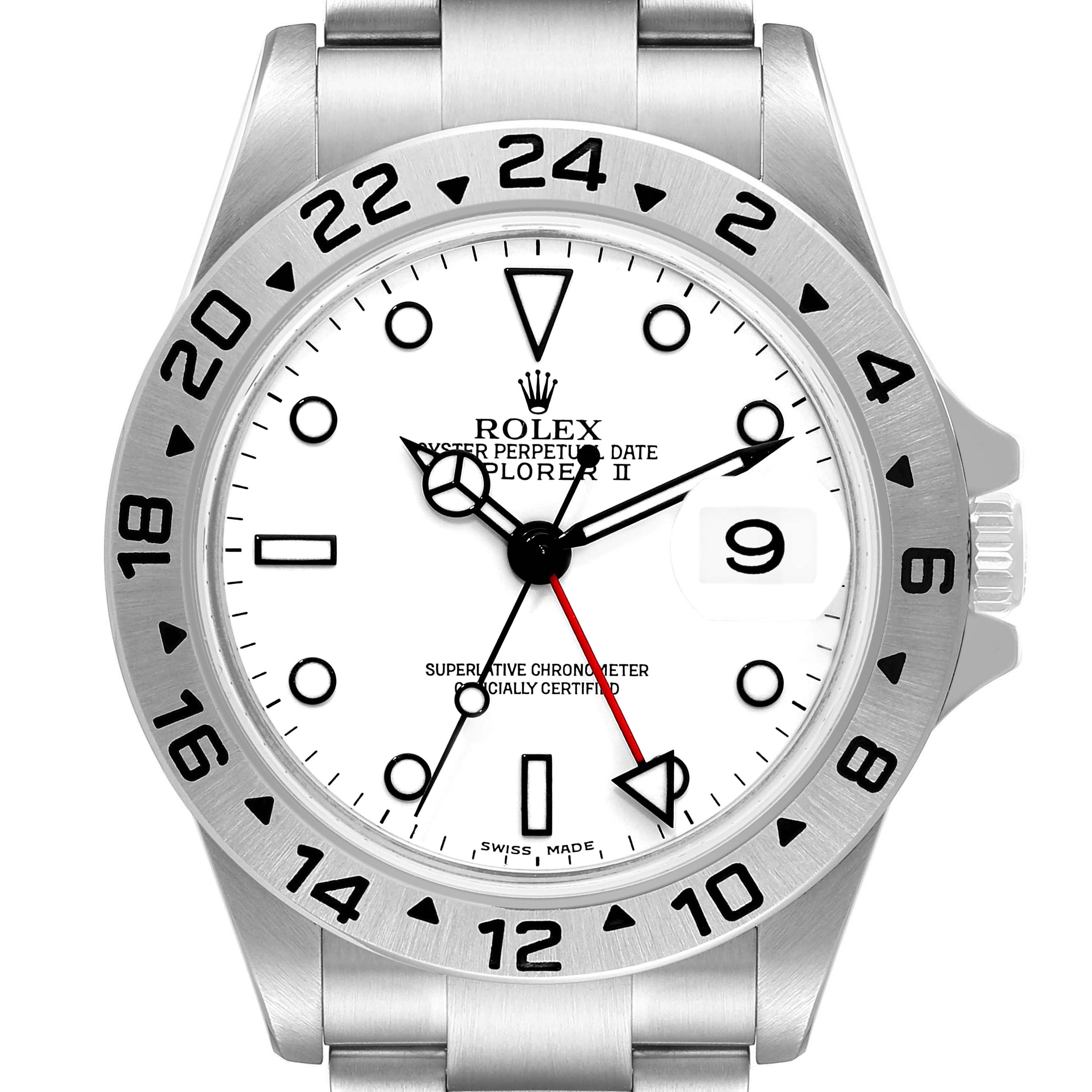 This image shows the front view of a Rolex Explorer 16570 Men's Stainless Steel White Dial 16570 Men's Stainless Steel White Dial watch, showcasing its dial, bezel, and bracelet links.