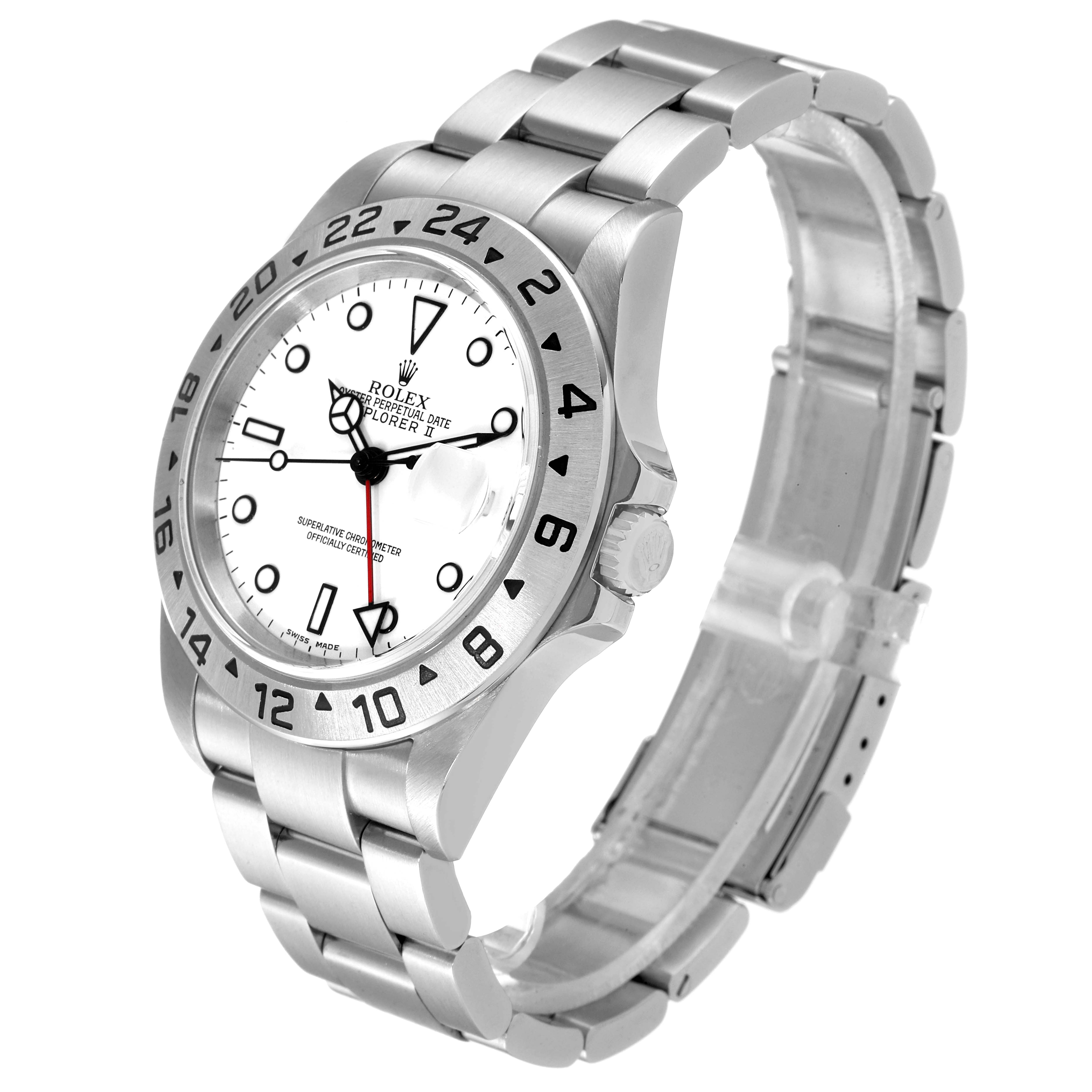 The image shows a Rolex Explorer 16570 Men's Stainless Steel White Dial 16570 Men's Stainless Steel White Dial watch from a three-quarter angle, highlighting the dial, bezel, crown, and bracelet.