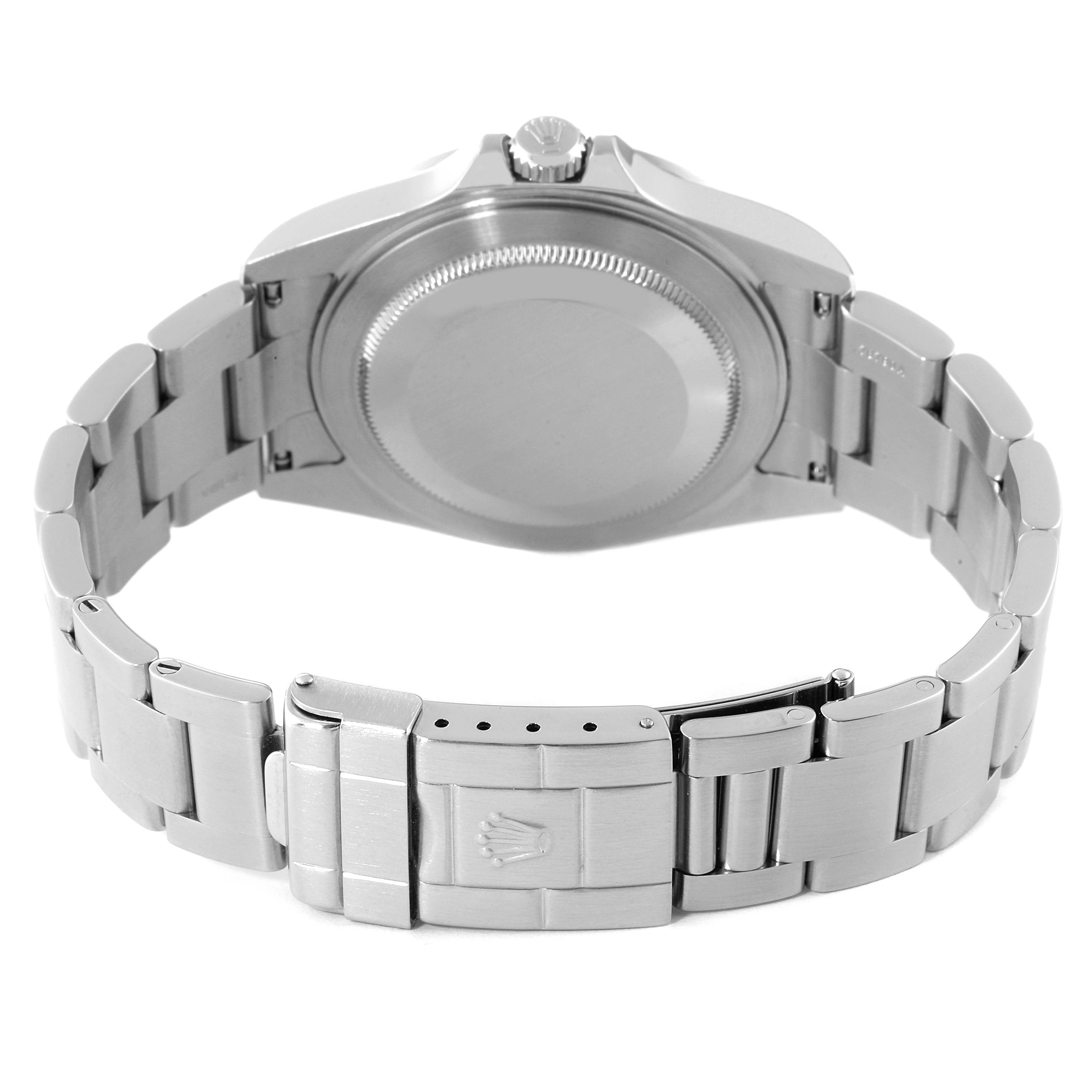 This image shows the back view of a Rolex Explorer 16570 Men's Stainless Steel White Dial 16570 Men's Stainless Steel White Dial watch, highlighting the case back, crown, and bracelet with the clasp.