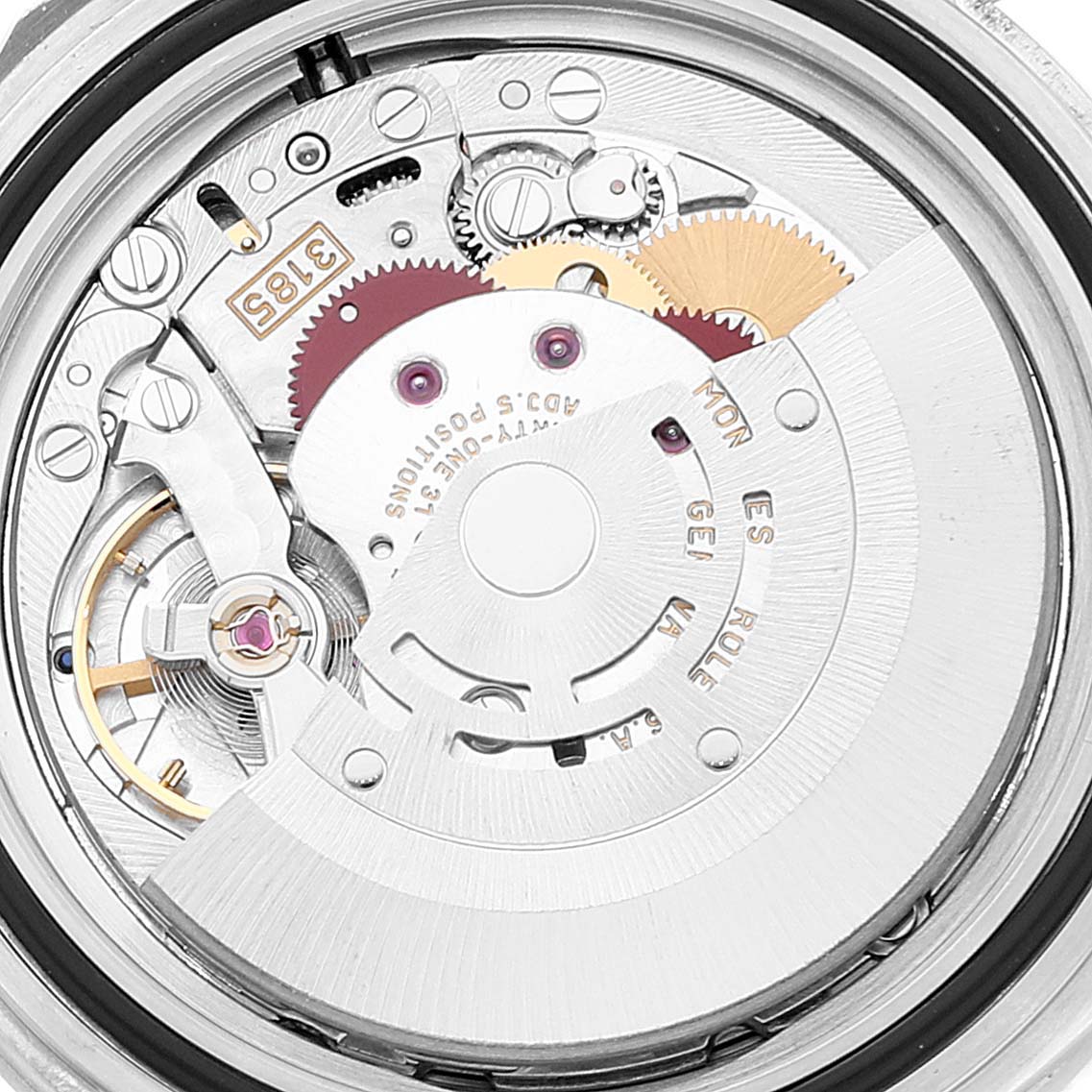 This is a close-up view of the inner mechanical components of a Rolex Explorer 16570 Men's Stainless Steel White Dial 16570 Men's Stainless Steel White Dial watch.