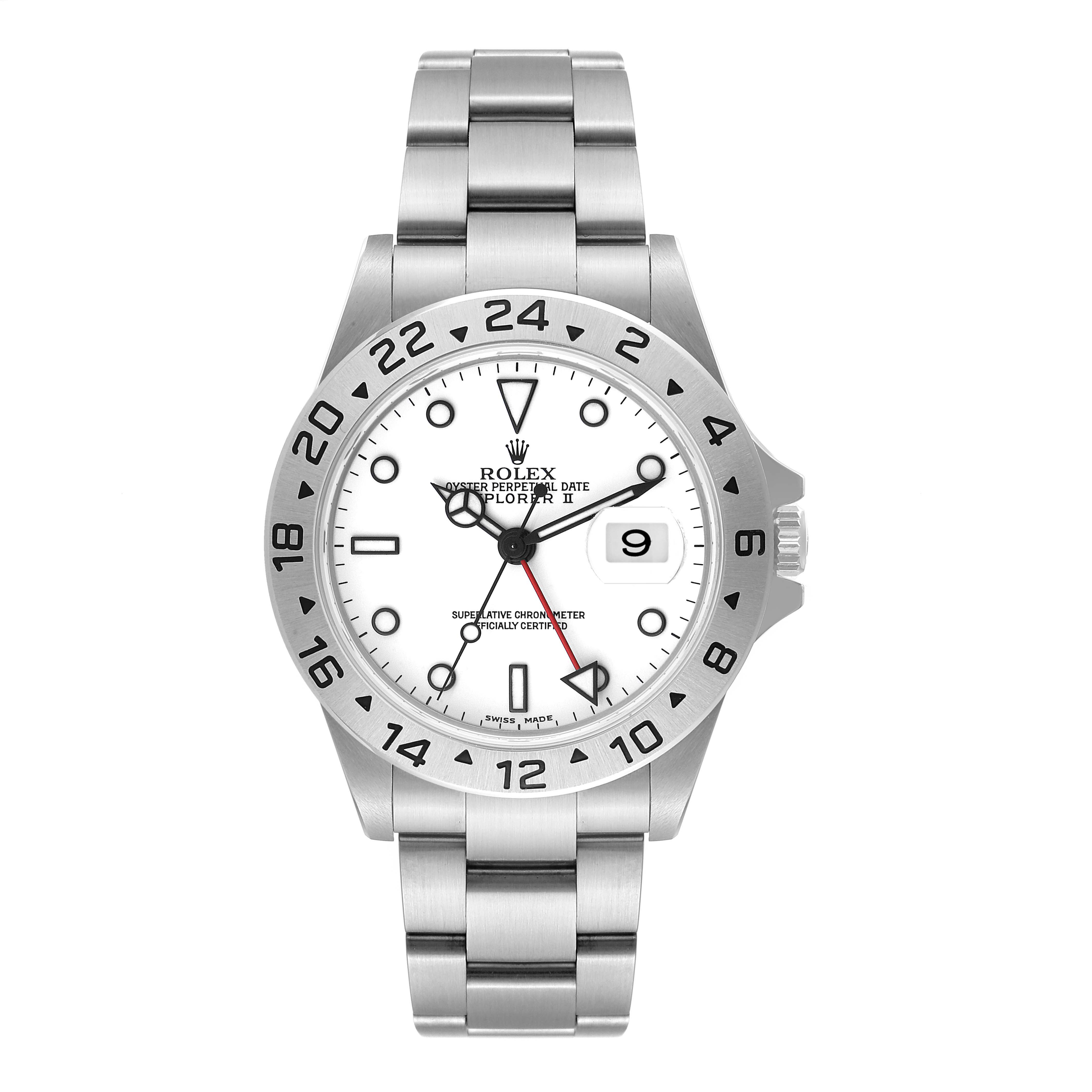 The Rolex Explorer 16570 Men's Stainless Steel White Dial 16570 Men's Stainless Steel White Dial watch is shown from a front angle, displaying its dial, bezel, bracelet, and crown.