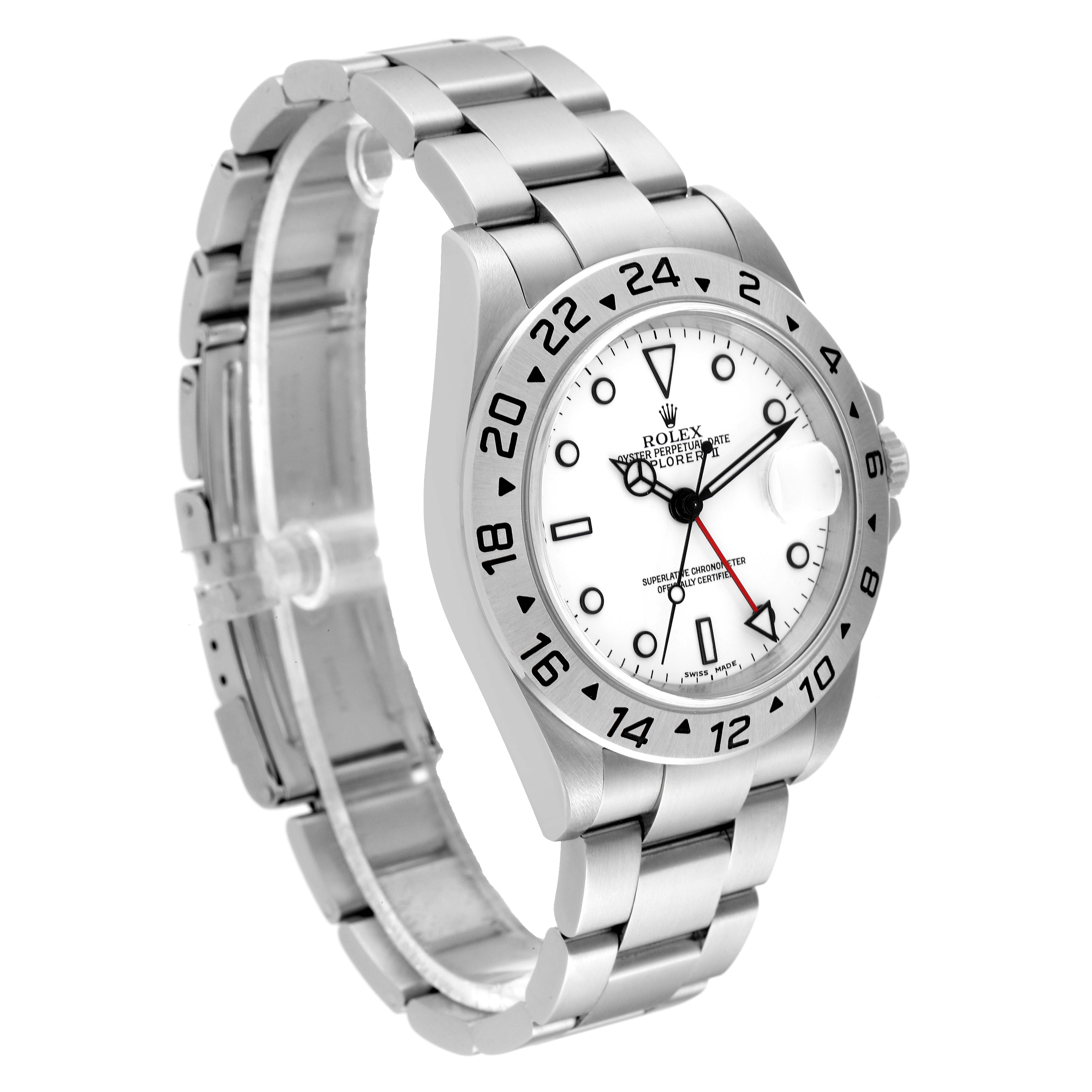 The image shows a front angle view of a Rolex Explorer 16570 Men's Stainless Steel White Dial 16570 Men's Stainless Steel White Dial watch, highlighting its face, bezel, crown, and bracelet.