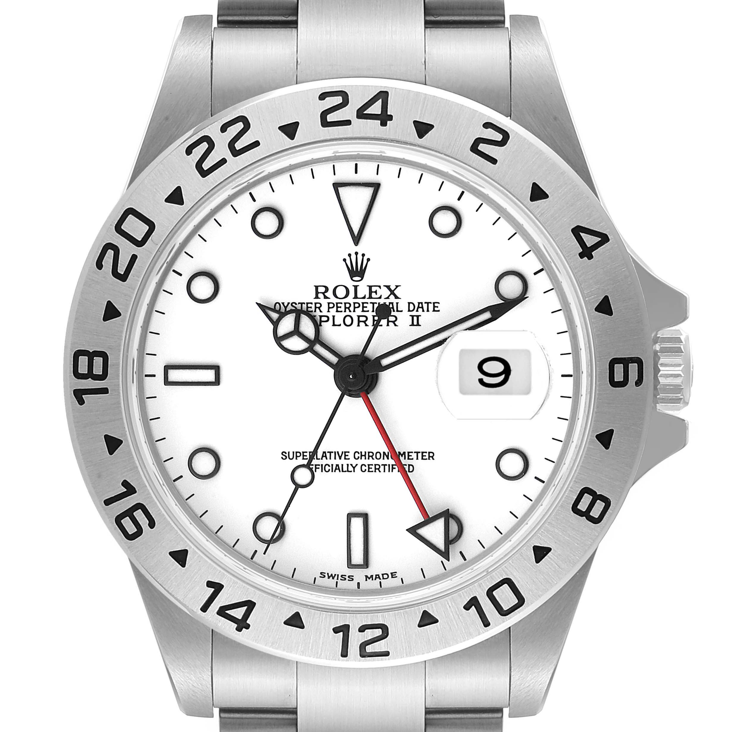 This image shows a front view of a Rolex Explorer 16570 Men's Stainless Steel White Dial 16570 Men's Stainless Steel White Dial watch, highlighting the dial, bezel, and part of the bracelet.