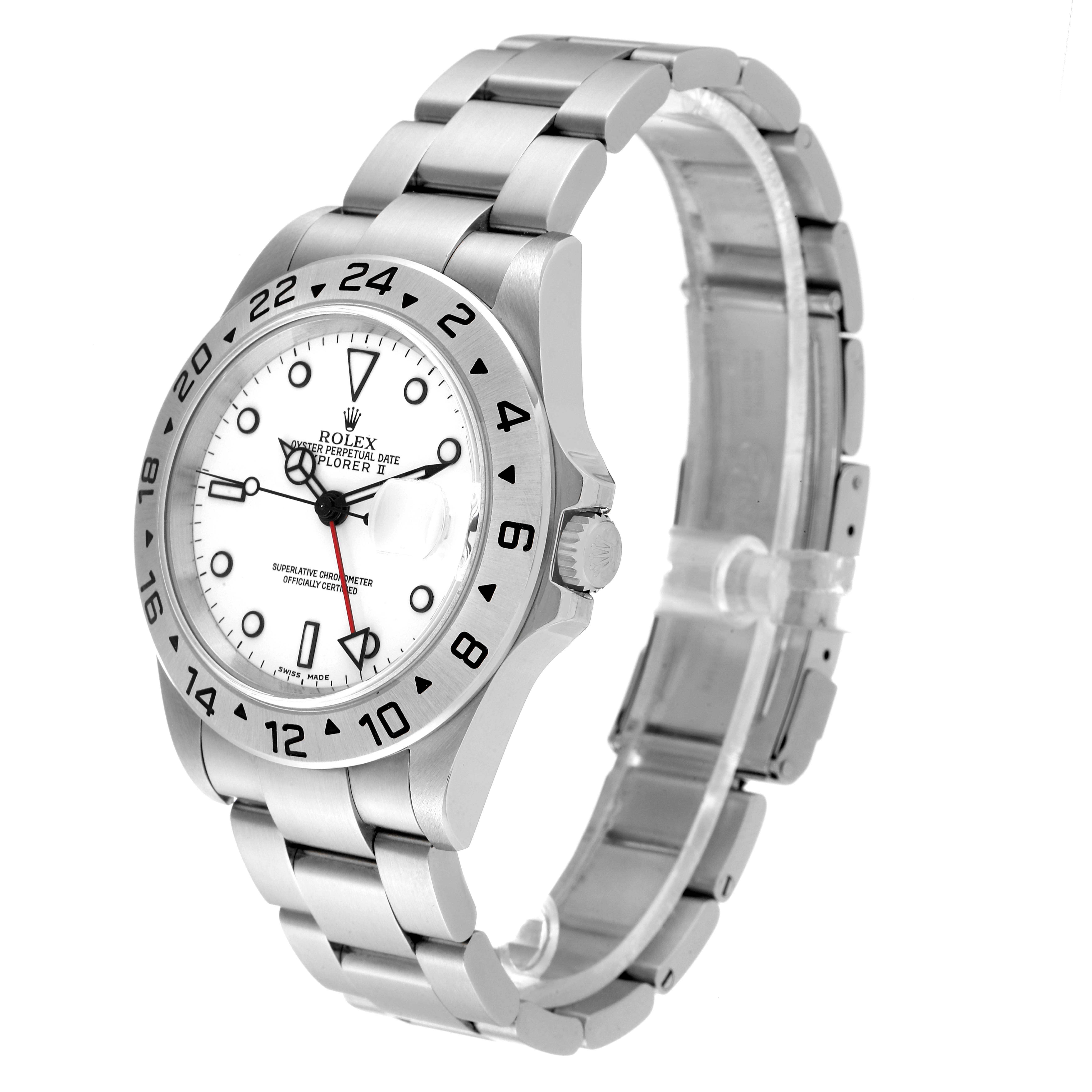 The Rolex Explorer 16570 Men's Stainless Steel White Dial 16570 Men's Stainless Steel White Dial watch is shown at a three-quarter angle, displaying the face, bezel, crown, and bracelet.