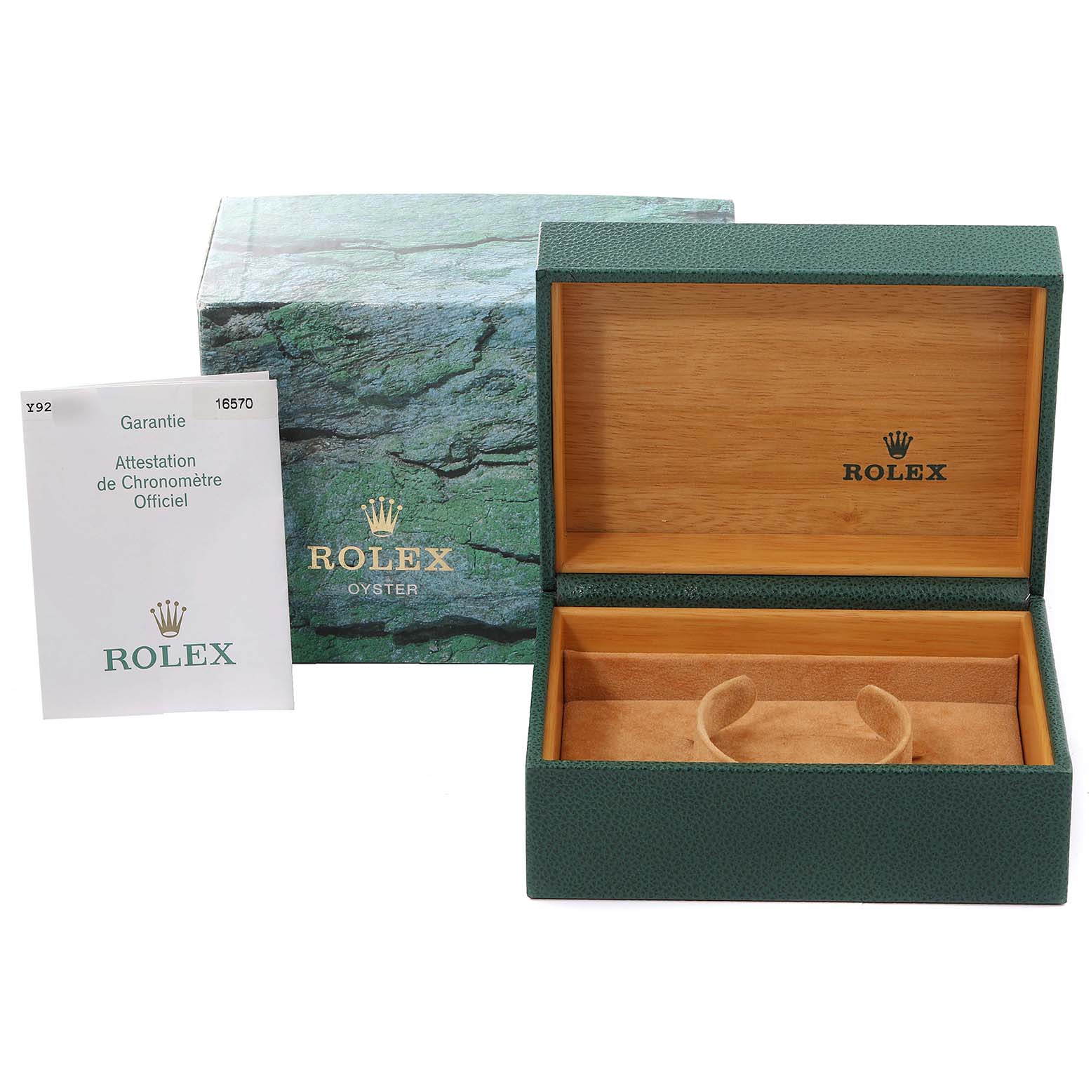 This image shows the packaging box, outer box, and warranty card for a Rolex Explorer 16570 Men's Stainless Steel White Dial 16570 Men's Stainless Steel White Dial watch.