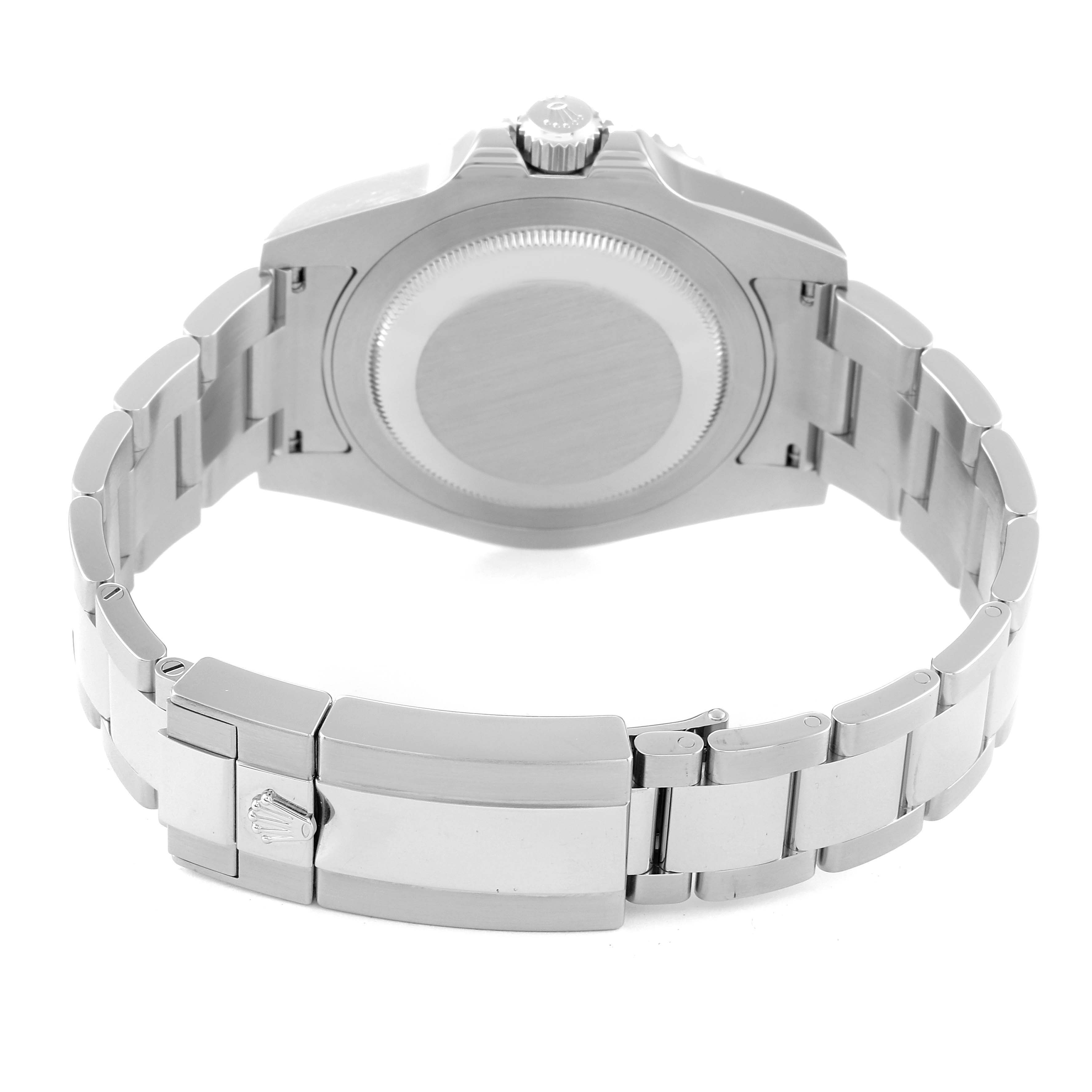 This image shows the Rolex GMT-Master 116710 Men
s Stainless Steel Black Dial 116710 Men
s Stainless Steel Black Dial watch viewed from the back, highlighting the case back and bracelet.