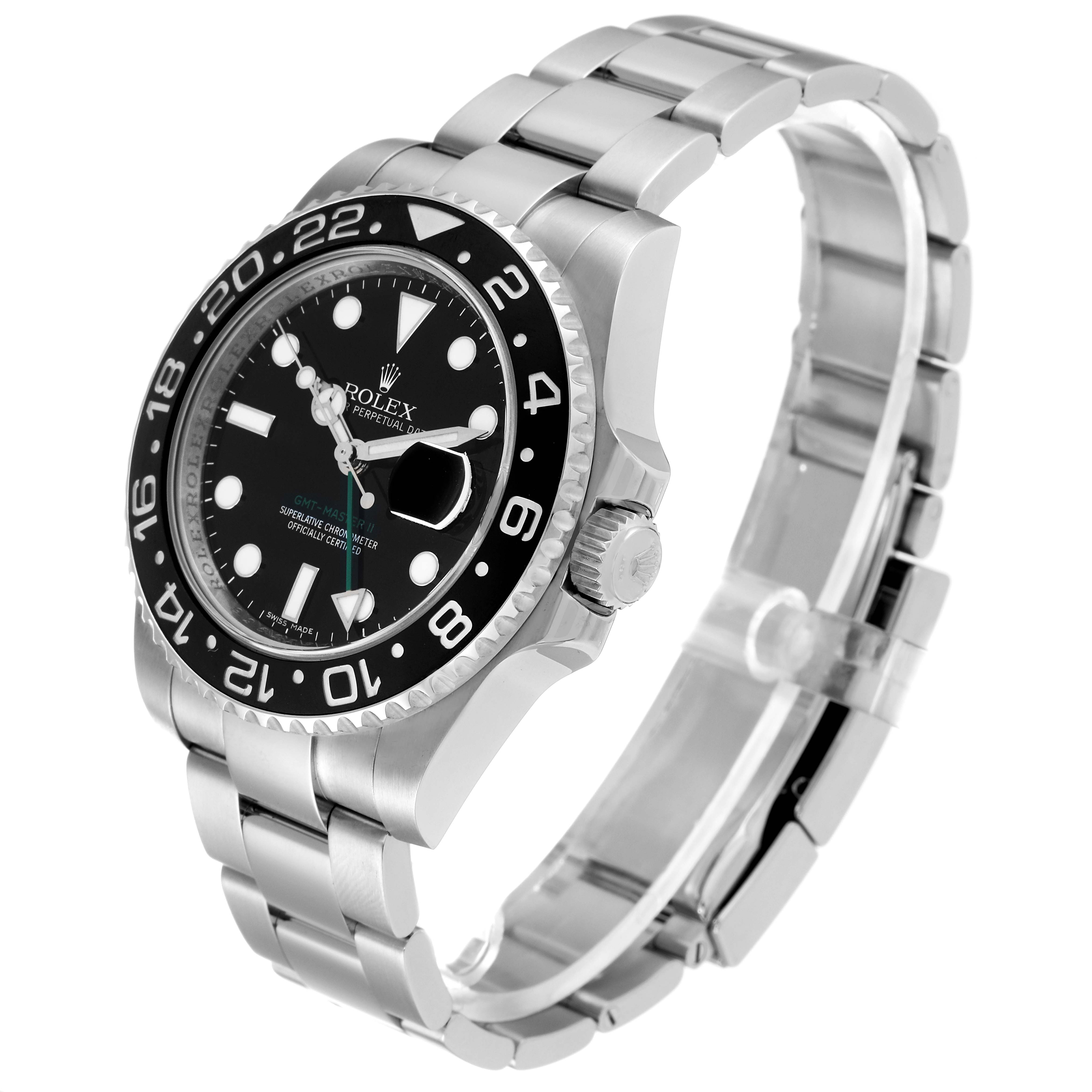 This image shows a side view of a Rolex GMT-Master 116710 Men
s Stainless Steel Black Dial 116710 Men
s Stainless Steel Black Dial watch, highlighting its bezel, crown, dial, and bracelet.