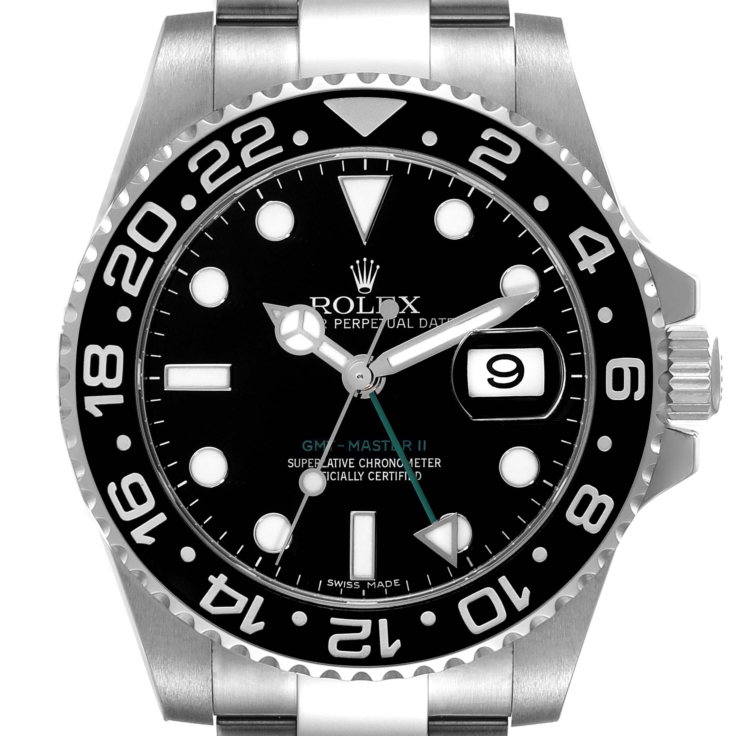 This is a front view of a Rolex GMT-Master 116710 Men
s Stainless Steel Black Dial 116710 Men
s Stainless Steel Black Dial II watch, showing the dial, bezel, and partial bracelet.
