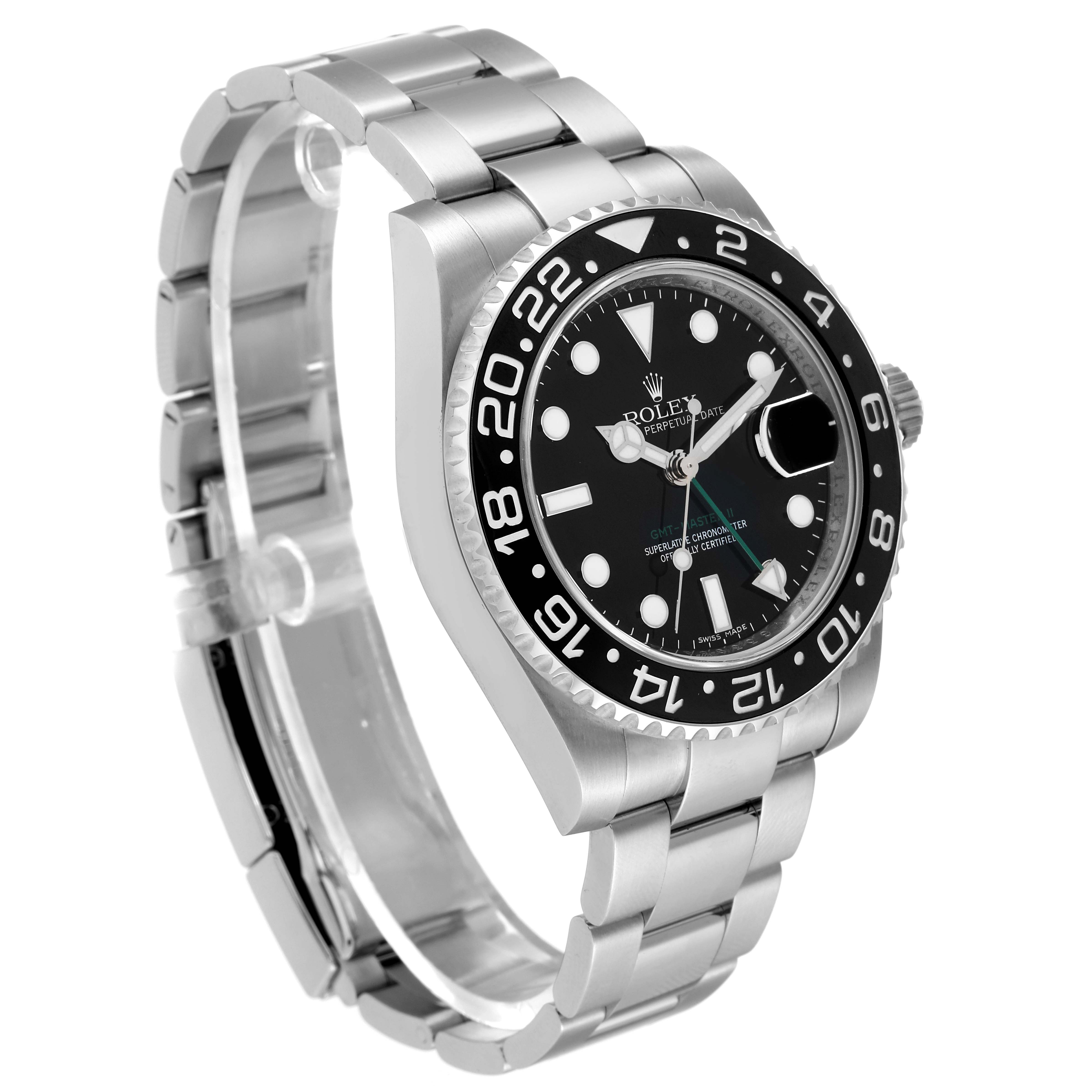 The image shows a side angle of the Rolex GMT-Master 116710 Men
s Stainless Steel Black Dial 116710 Men
s Stainless Steel Black Dial, highlighting the bezel, face, and part of the bracelet.