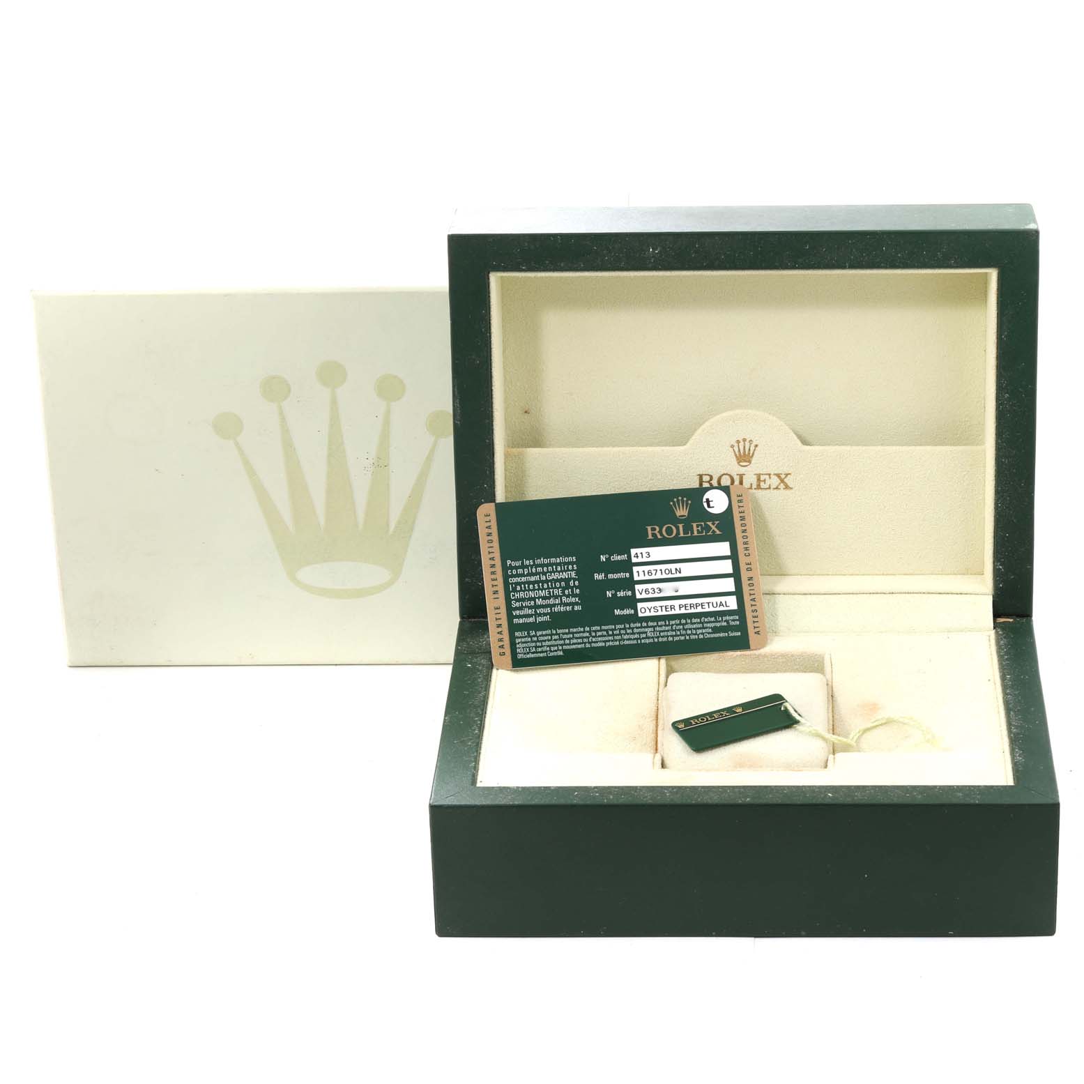 The image shows a Rolex GMT-Master 116710 Men
s Stainless Steel Black Dial 116710 Men
s Stainless Steel Black Dial watch box, a warranty card, and a tag from a top-down angle.