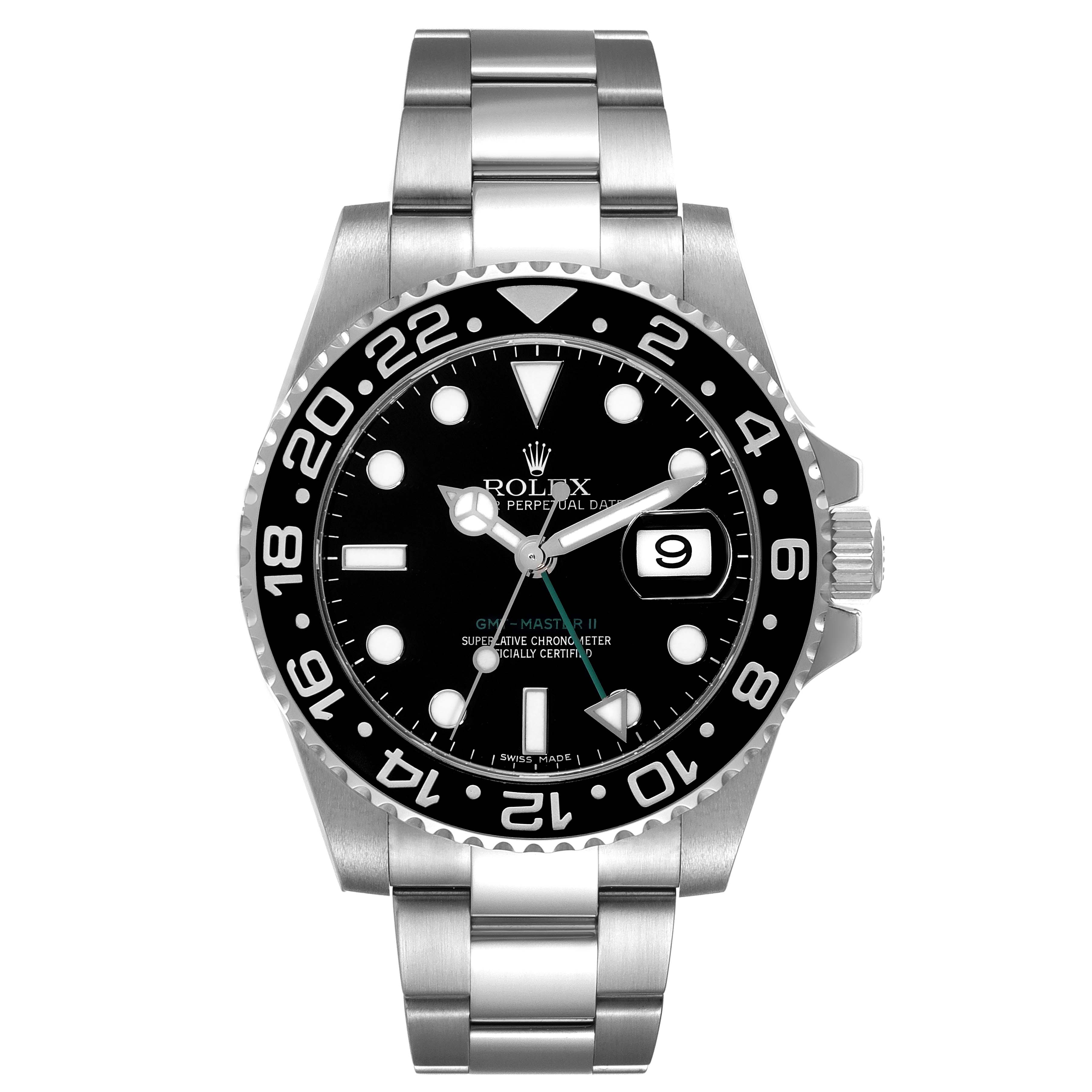 This image shows a front view of the Rolex GMT-Master 116710 Men
s Stainless Steel Black Dial 116710 Men
s Stainless Steel Black Dial II watch, highlighting its dial, bezel, and bracelet.