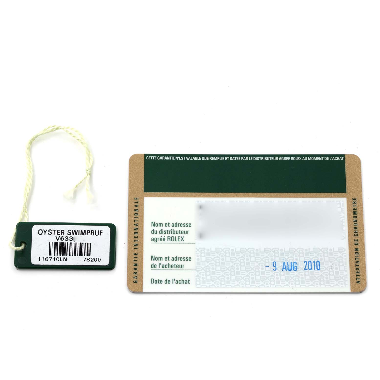 The image shows an Oyster Swimpruf tag and a warranty card for the Rolex GMT-Master 116710 Men
s Stainless Steel Black Dial 116710 Men
s Stainless Steel Black Dial model.