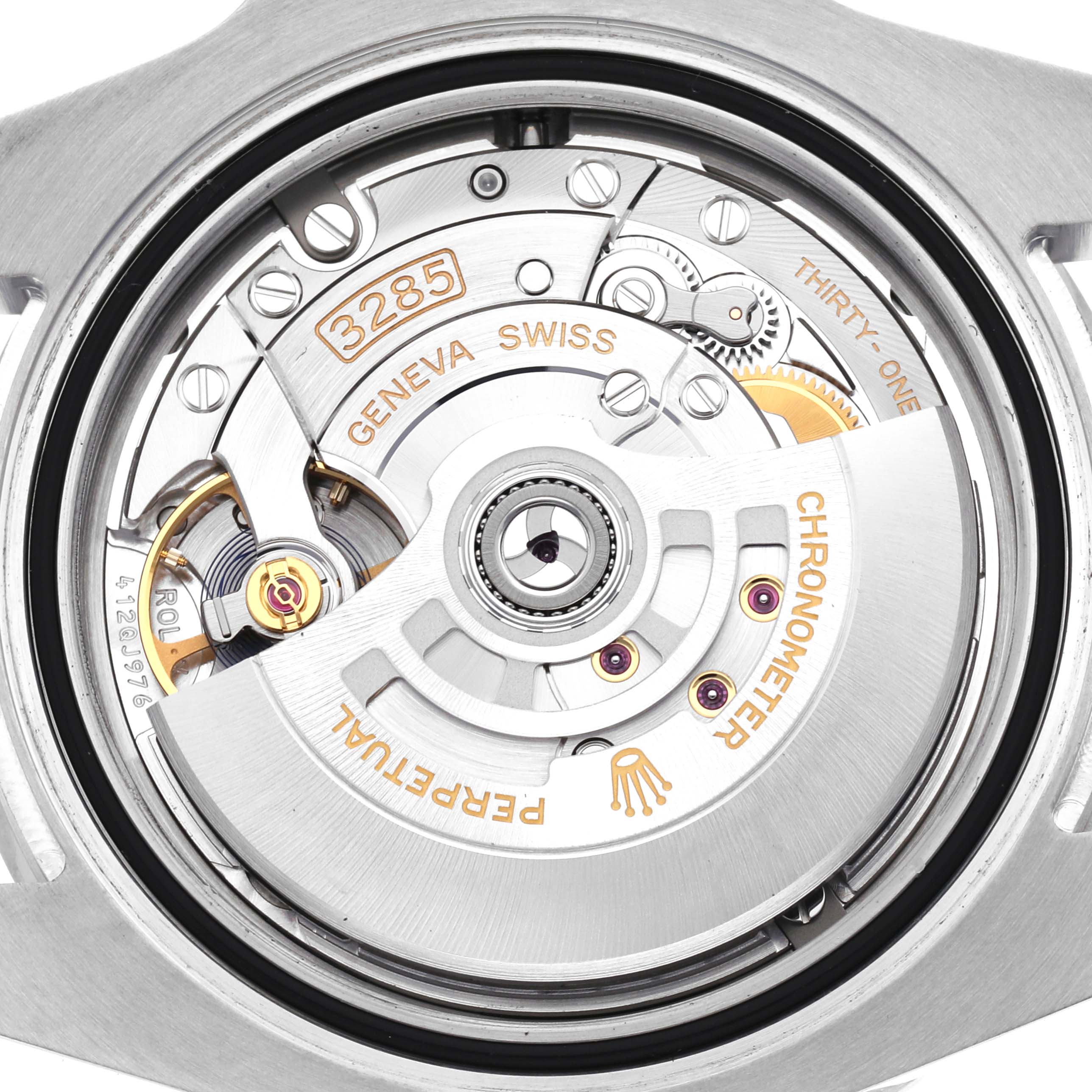 The image shows the back of a Rolex GMT-Master 126710 Men
s Stainless Steel Black Dial 126710 Men
s Stainless Steel Black Dial watch, highlighting its intricate movement and mechanisms.