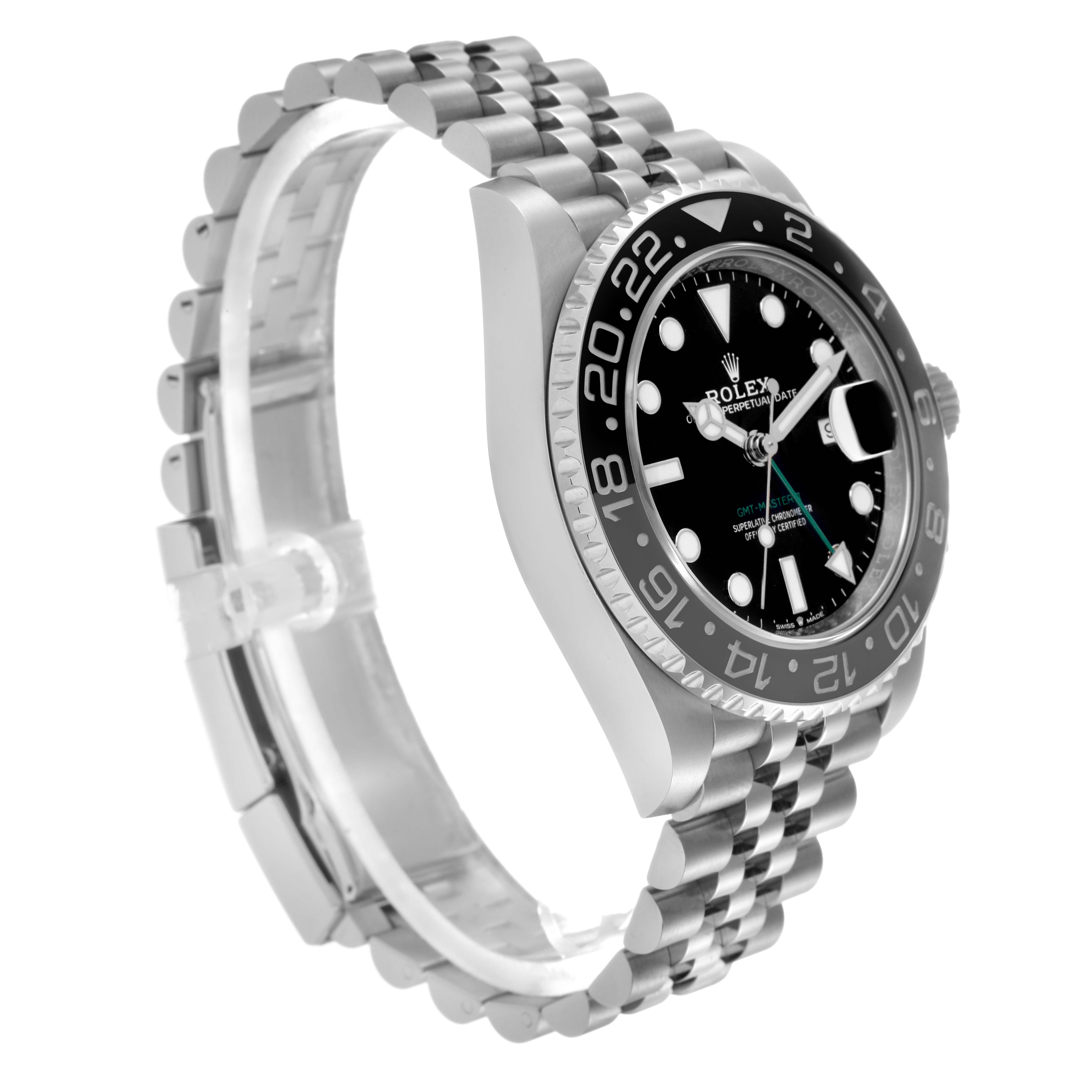 The Rolex GMT-Master 126710 Men
s Stainless Steel Black Dial 126710 Men
s Stainless Steel Black Dial watch is shown at a three-quarter angle, displaying its face, bezel, and bracelet.