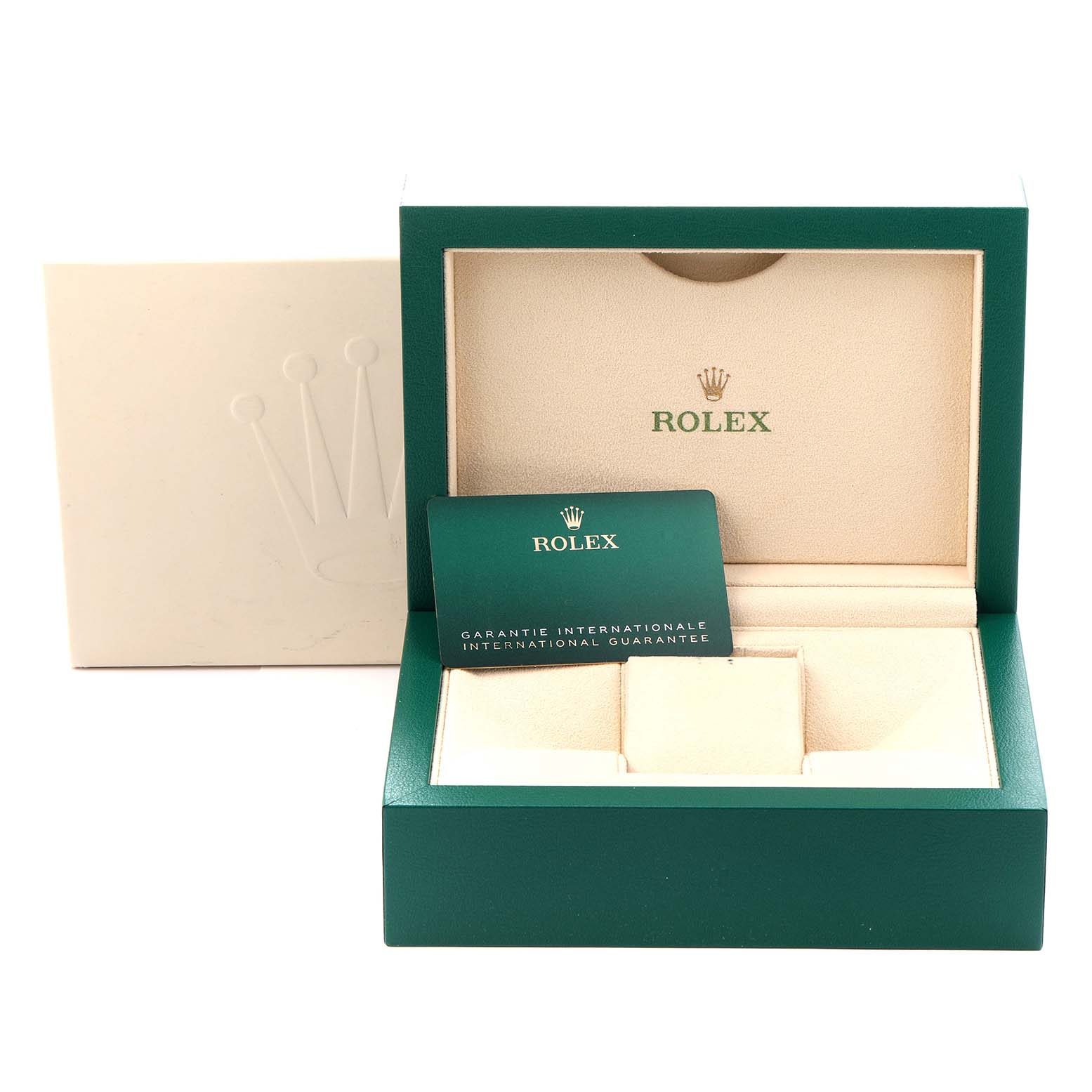 The image shows an open Rolex GMT-Master 126710 Men
s Stainless Steel Black Dial 126710 Men
s Stainless Steel Black Dial box with a warranty card, viewed from the front.