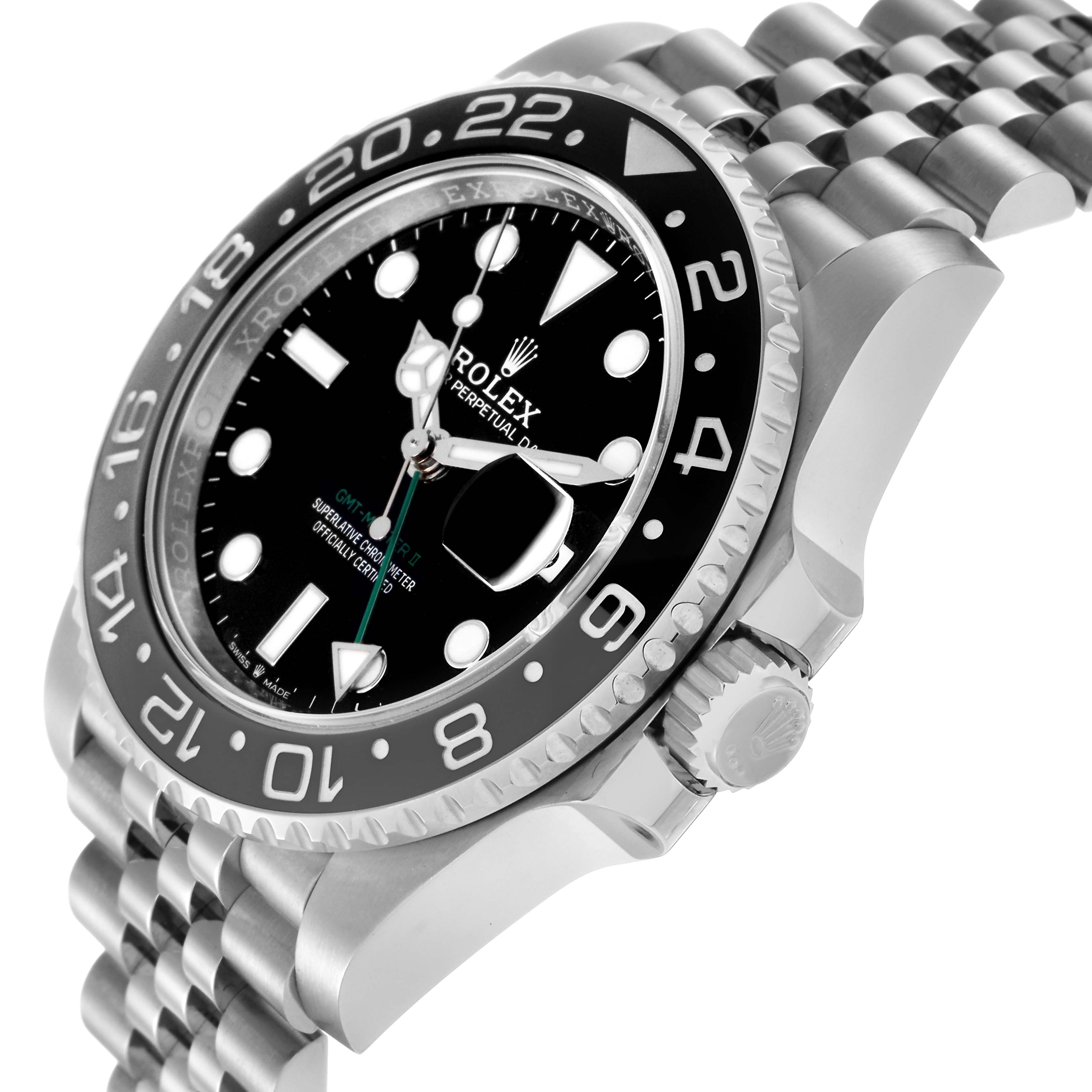 The Rolex GMT-Master 126710 Men
s Stainless Steel Black Dial 126710 Men
s Stainless Steel Black Dial watch is shown at an angle highlighting the dial, bezel, case, crown, and bracelet.