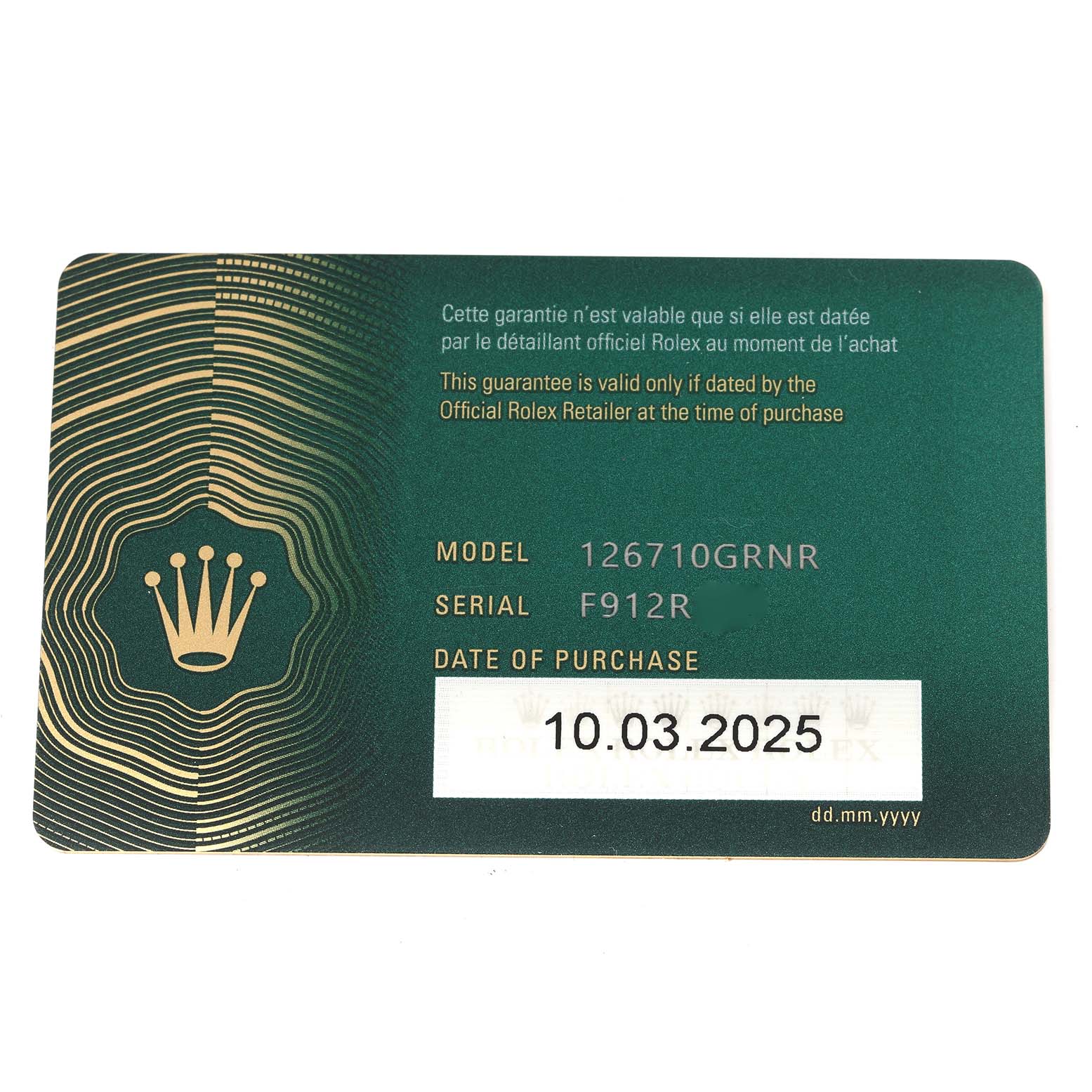 This image shows a guarantee card for a Rolex GMT-Master 126710 Men
s Stainless Steel Black Dial 126710 Men
s Stainless Steel Black Dial, displaying model number, serial number, and purchase date.